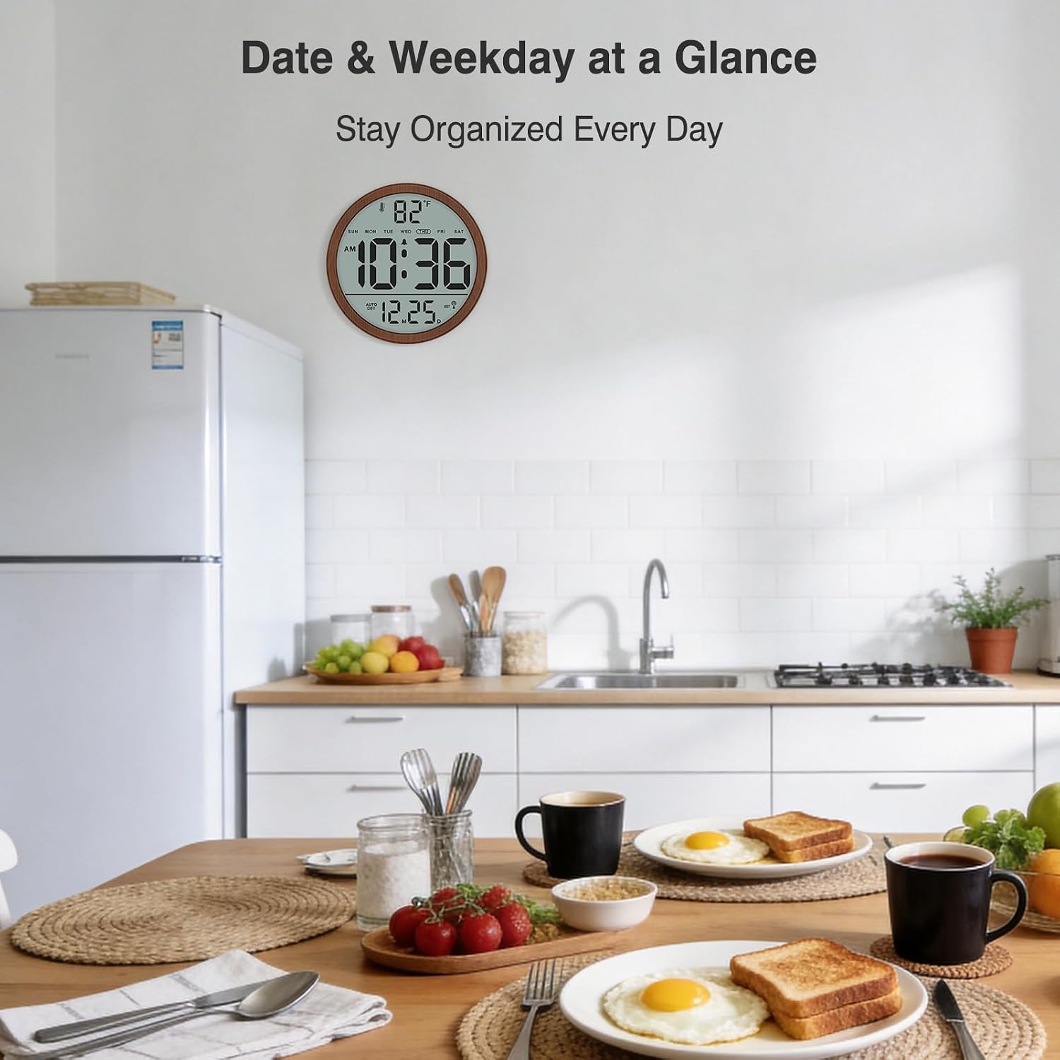 Atomic Wall Clock - Never Needs Setting, Digital Wall Clock Battery Operated With Date, Temp, Dst, Self-Setting Time, Easy To Read 8 Inch Display For Bedroom, Living Room, Home, Office