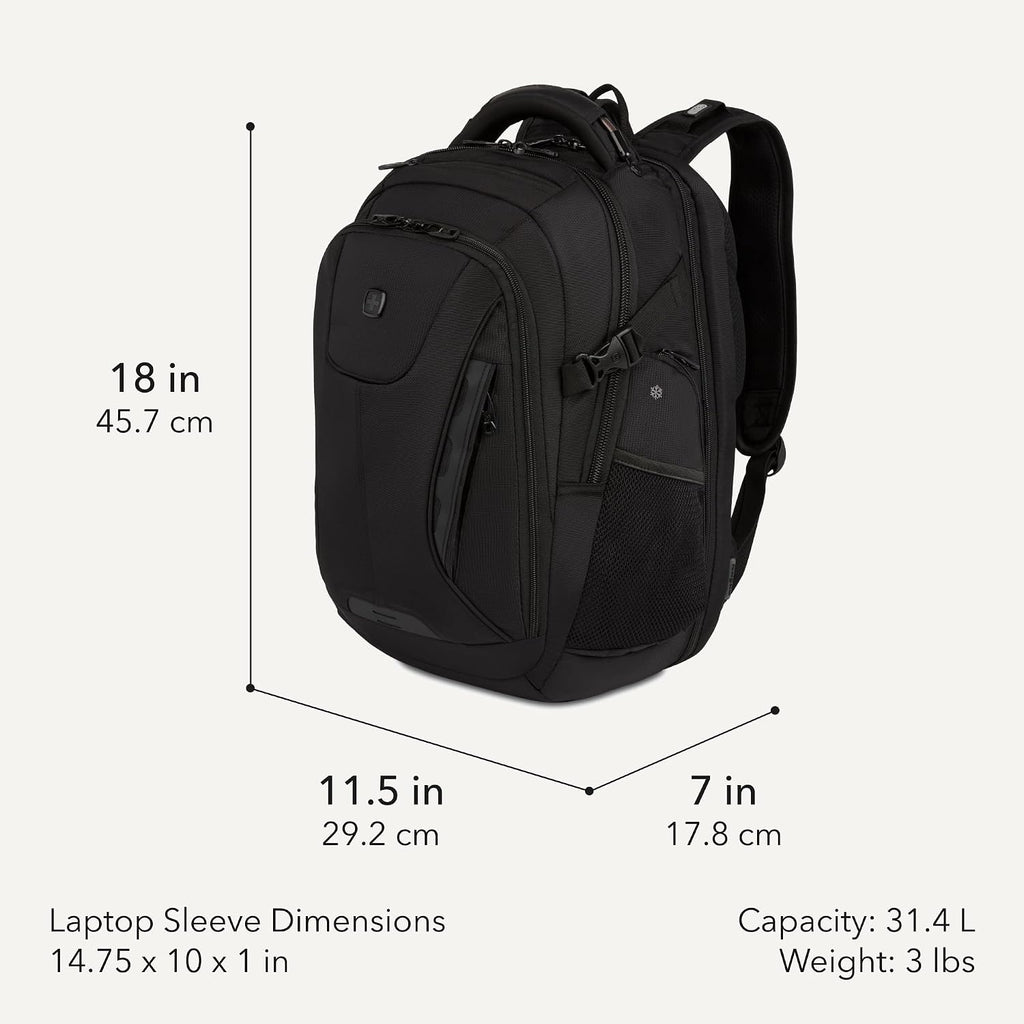 Swissgear Travel Tech Elite Laptop Backpack – Fits Laptops Up To 16” – Scansmart Tsa-Friendly Backpack With Usb Port, Shoe Compartment & Organizer Pockets – Black