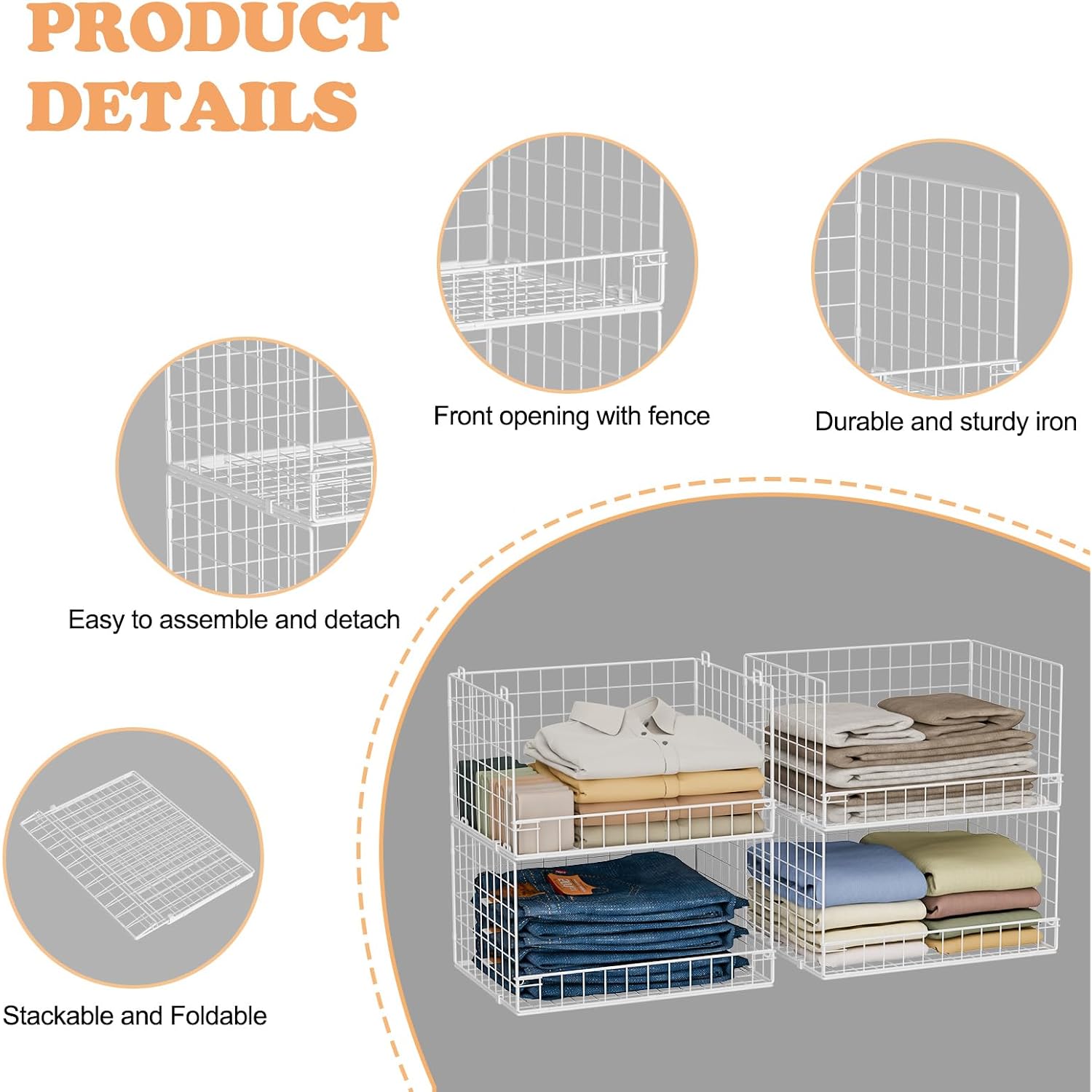 4-Tier Stackable Closet Organizers And Storage Basket, Foldable Closet Shelf Organizer System, Space-Saving Clothes Storage Drawer Organizer For Wardrobe, White ((Patent 30022416))
