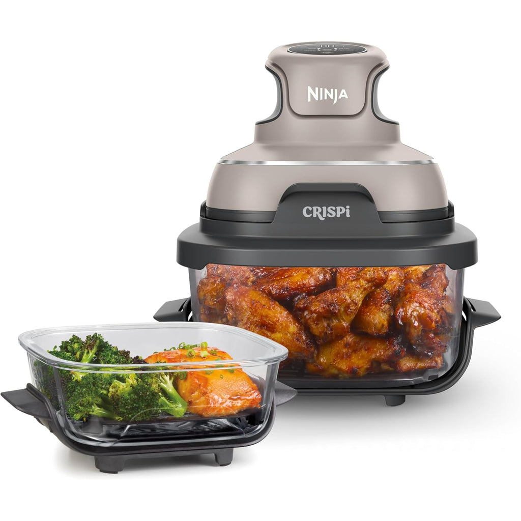 Ninja Crispi 4-in-1 Glass Air Fryer | With Non-Toxic 4QT & 6-Cup Glass Containers & Lids | Microwave, Freezer, Dishwasher Safe | 450°F Max Temp |1500 Watt | Stone | FN101ST