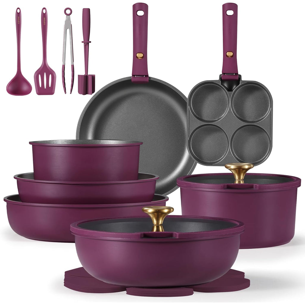 CAROTE 21pcs Pots and Pans Set, Nonstick Cookware Set Detachable Handle, Induction Kitchen Cookware Sets Non Stick with Removable Handle, RV Cookware Set, Gold and Purple