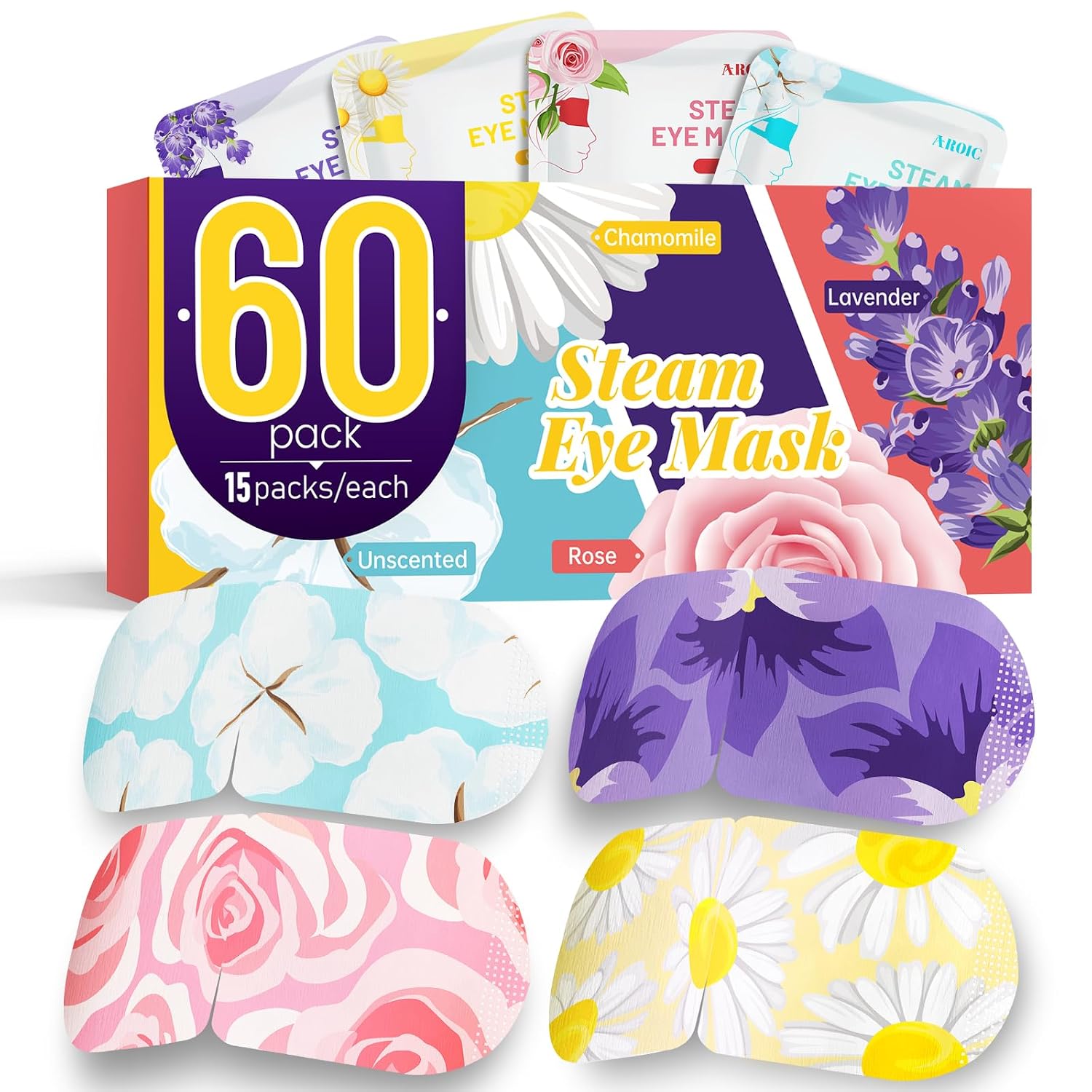 Aroic 60 Pack Steam Eye Masks Disposable, Heated Eye Mask Warm Compress For Eyes, Relaxation Mothers Day Gifts Self Care For Women, Spa Travel Essentials - Lavender, Unscented, Chamomile, Rose