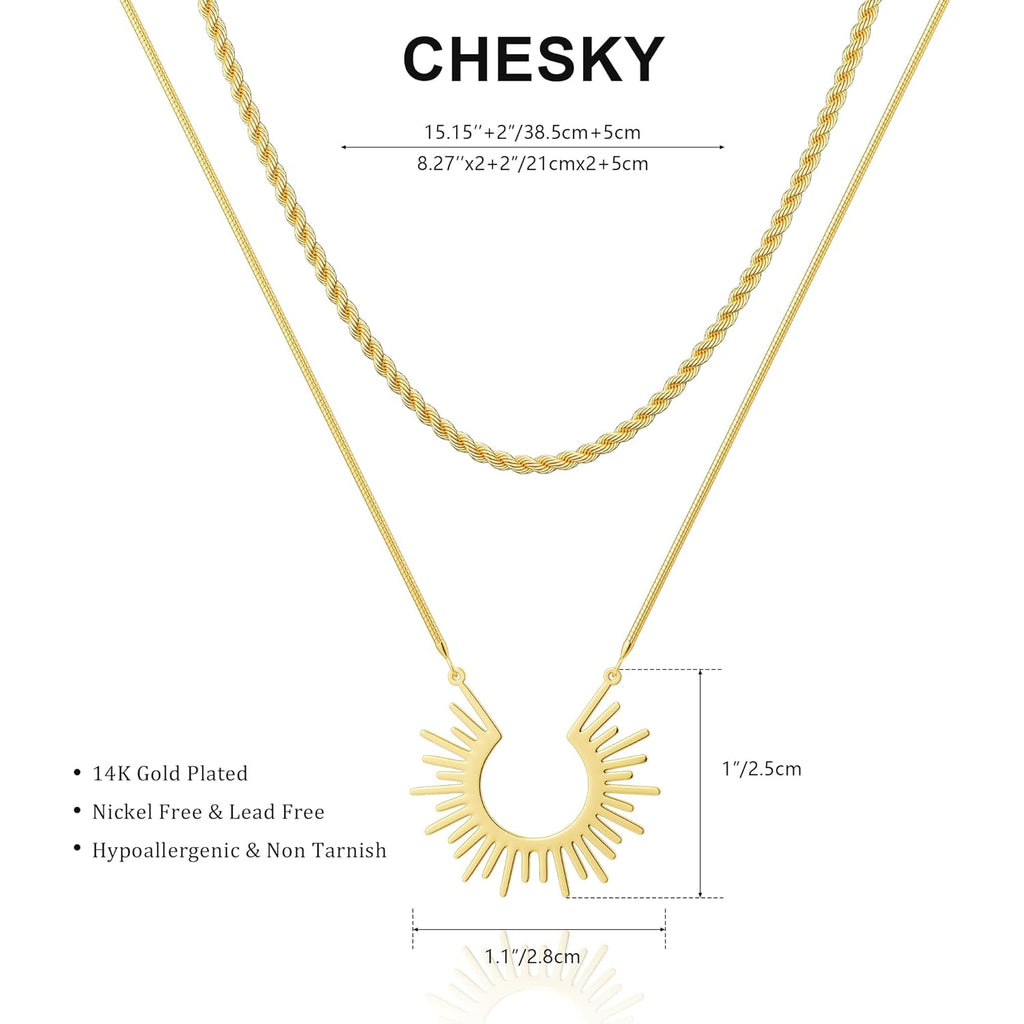 CHESKY Layered Necklaces for Women Trendy, Dainty 14k Gold Plated Pendant Necklace Layering Necklace for Women Non Tarnish Hypoallergenic Sun Gold Necklace Stack Gold Jewelry for Women Gifts