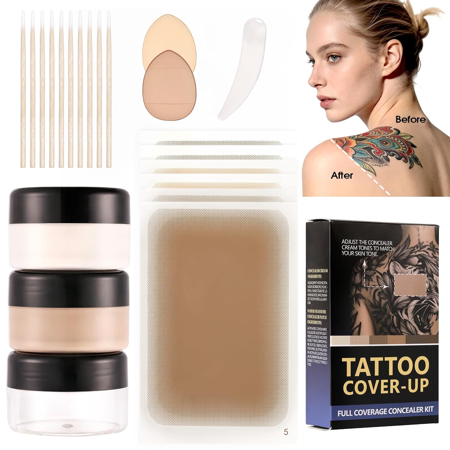 Tattoo Cover Up Makeup Waterproof, Tattoo Cover Up Makeup Cream, Light & Dark Blendable Shades With Skin Tone Patch, Sponges & Mixing Tool Cover Tattoo, Scar, Birthmark Bruises For Body & Face