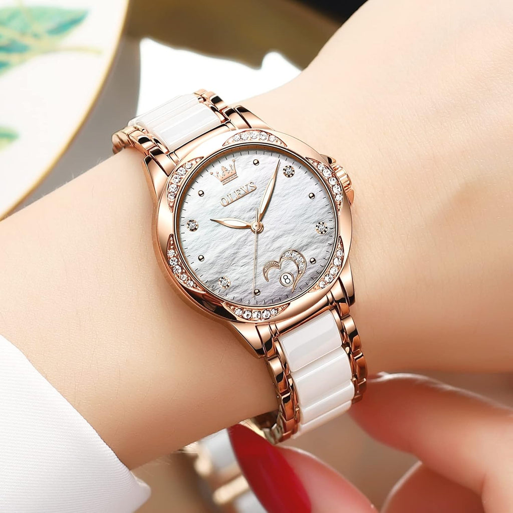 Olevs Womens Automatic Watch, Premium Large Face Diamond Accented Self Winding Watches For Women, Fashion Waterproof Ladies Dress Watch, Two Tone Stainless Steel Ceramic Bracelet
