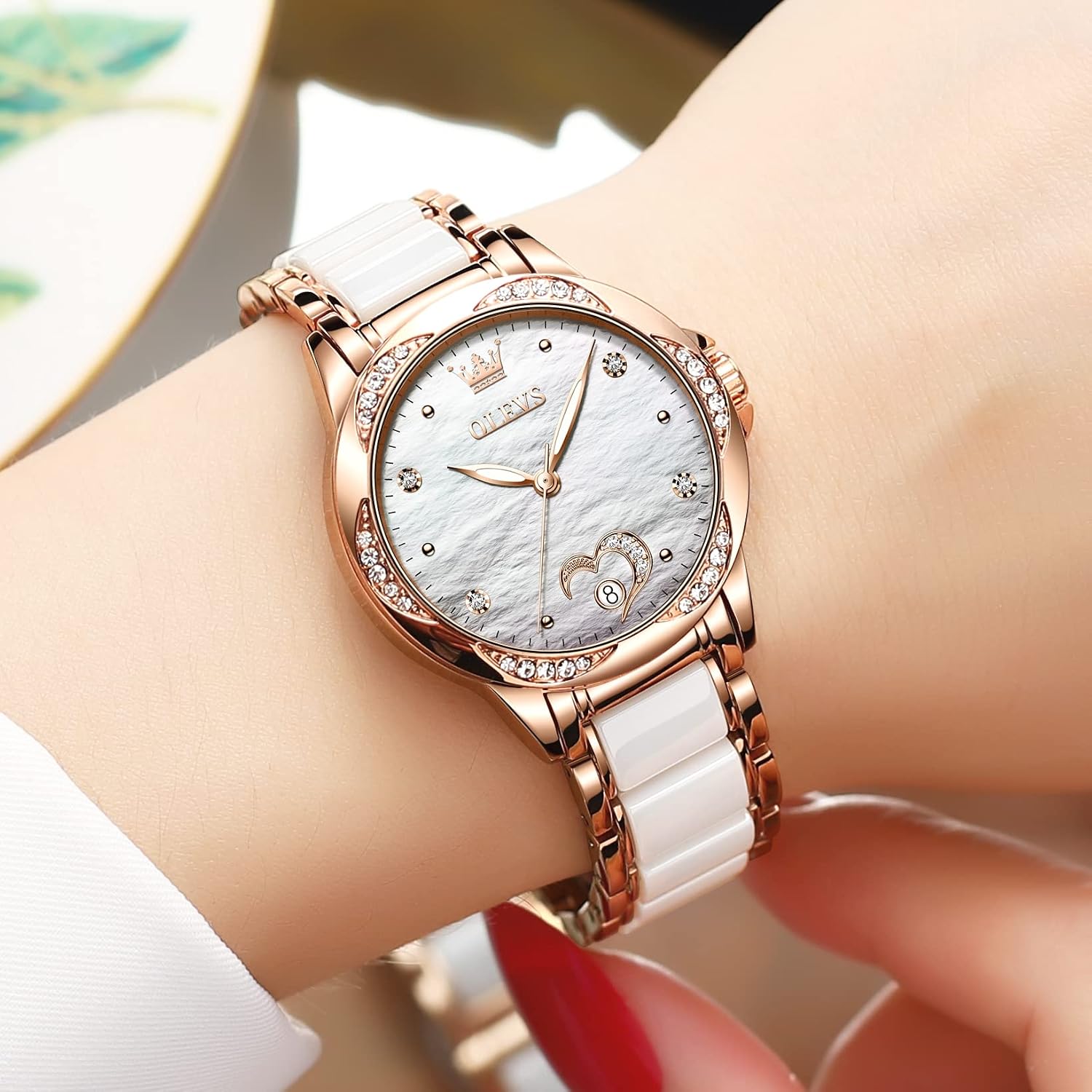 Olevs Womens Automatic Watch, Premium Large Face Diamond Accented Self Winding Watches For Women, Fashion Waterproof Ladies Dress Watch, Two Tone Stainless Steel Ceramic Bracelet
