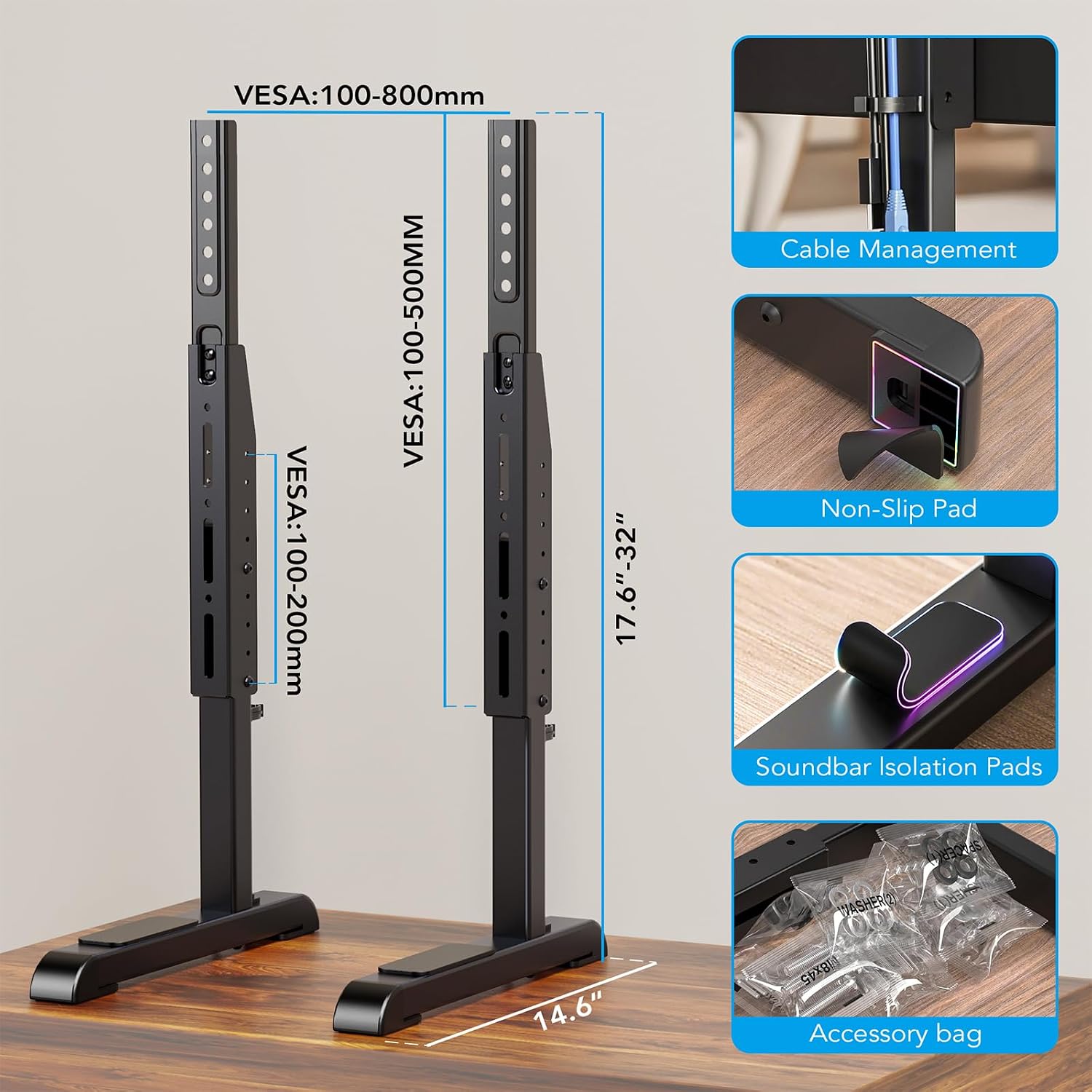 Universal Tv Stand, Table Top Tv Stand Base Wobble Replacement For Most 24 To 80 Inch Lcd Led Tvs, 7 Height Adjustable Tv Legs Hold Up To 150Lbs, Max Vesa 800X500Mm, Black Ax10Tb02