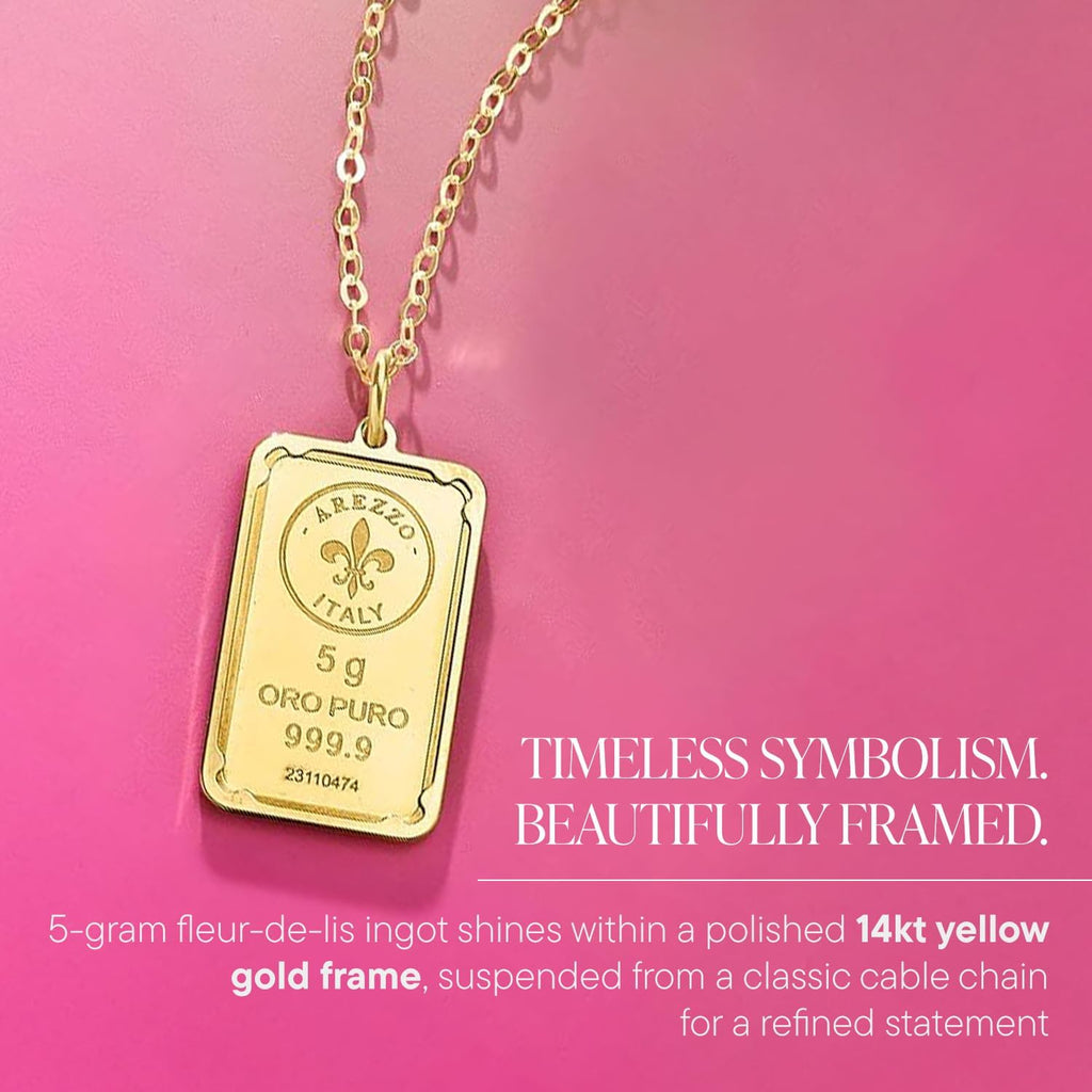 Ross-Simons Italian 24kt Yellow Gold Fleur-De-Lis Five-Gram Ingot Pendant Necklace with 14kt Gold Frame, Jewelry, Christmas, Birthday Gift
