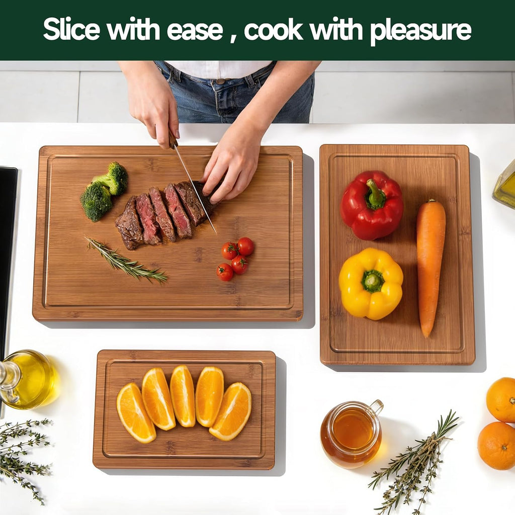 3-Piece Set Deep-Carbonized Bamboo Cutting Board For Kitchen - Crack-Resistant Wood Chopping Boards With Deep Juice Grooves, Pre-Oiled Butcher Block For Meat, Vegetables & Cheese, Carbonized
