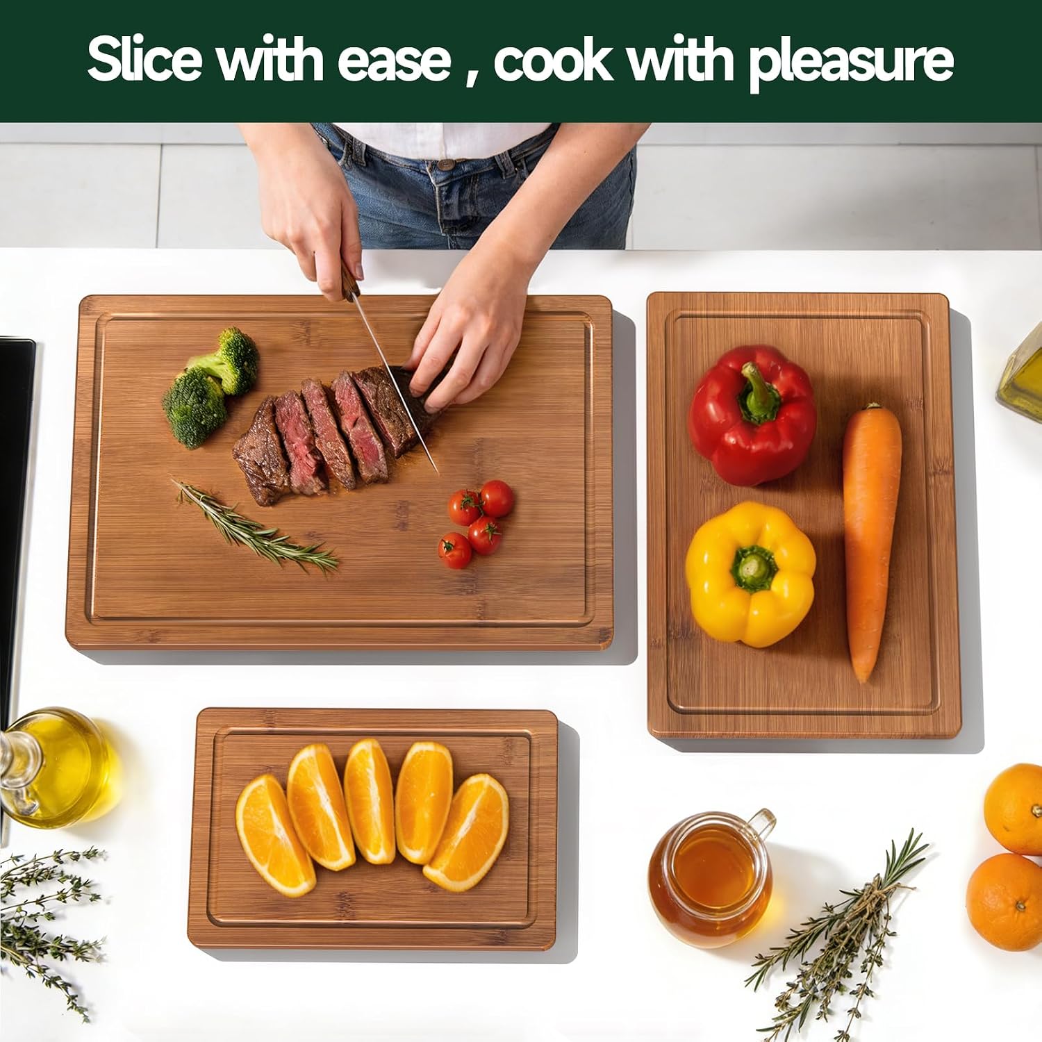 3-Piece Set Deep-Carbonized Bamboo Cutting Board For Kitchen - Crack-Resistant Wood Chopping Boards With Deep Juice Grooves, Pre-Oiled Butcher Block For Meat, Vegetables & Cheese, Carbonized