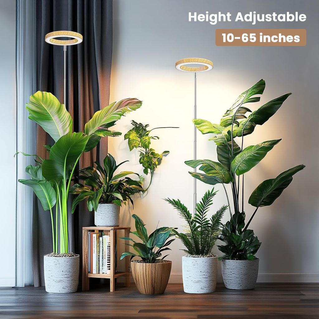 6.3In Grow Lights For Indoor Plants, Full Spectrum Plant Light | Wood Grain Grow Lamp For Tall Plants, Auto Timer & Dimmable Setting, 10-60In Height Adjustable, Stylish Indoor Garden Decor