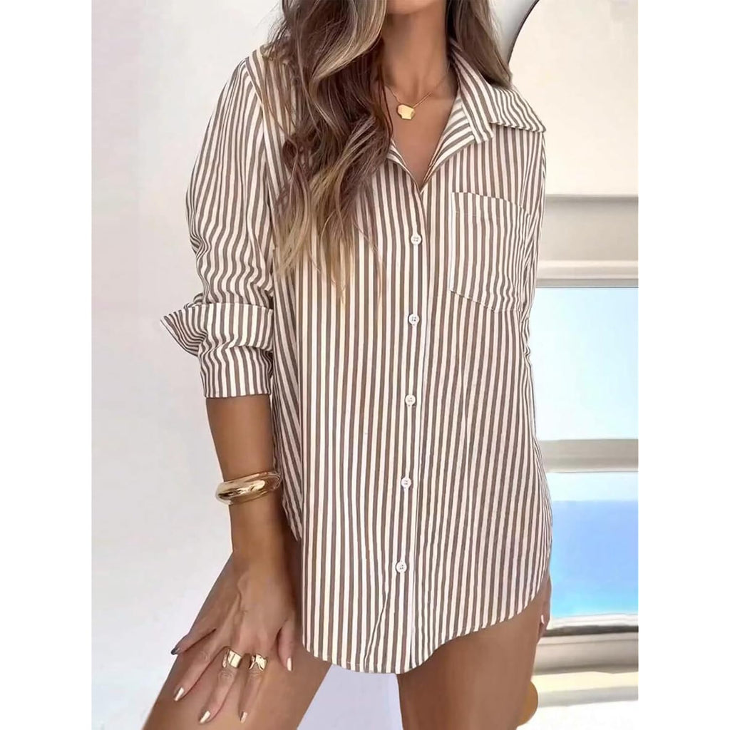 Siliteelon Striped Button Down Shirts For Women Dress Shirts Long Sleeve Casual Collared Office Work Shirt With Pocket