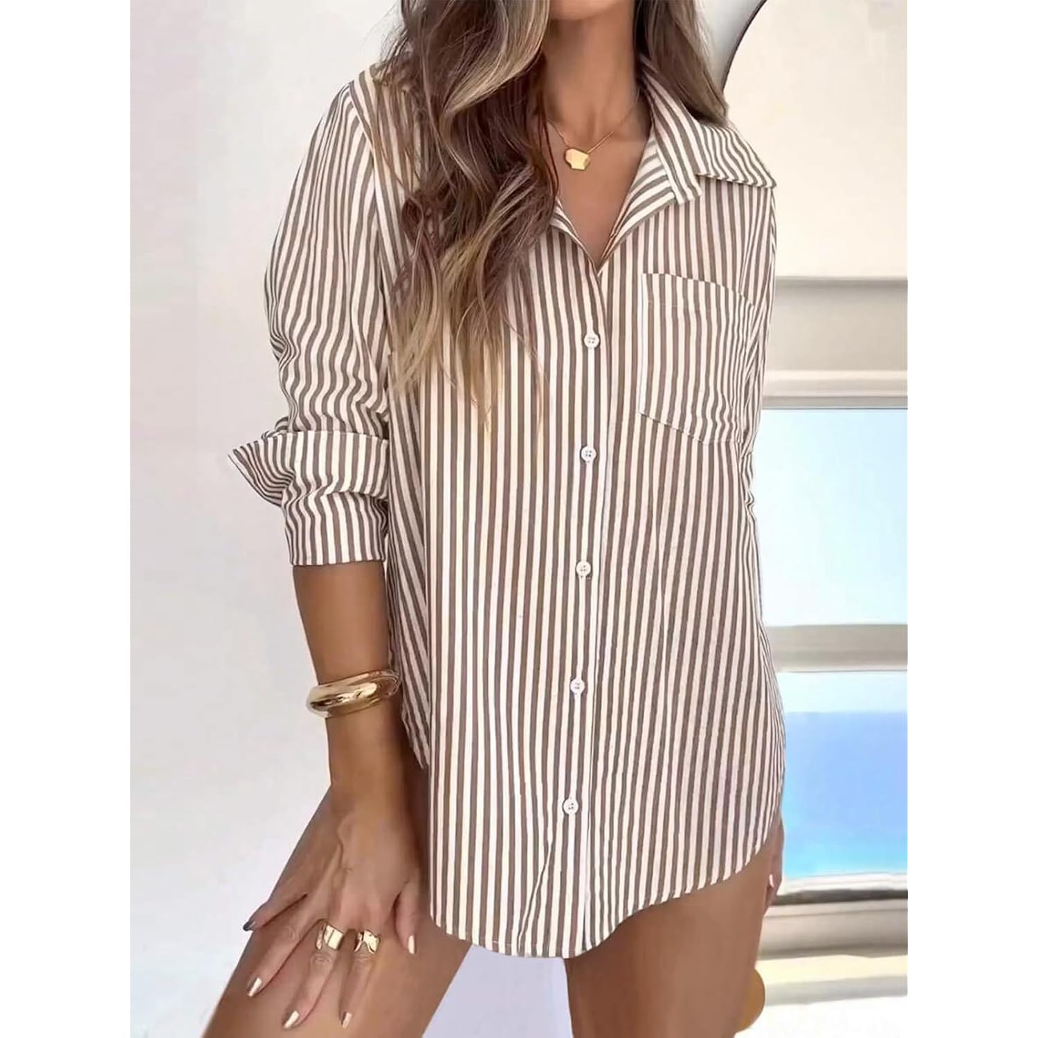 Siliteelon Striped Button Down Shirts For Women Dress Shirts Long Sleeve Casual Collared Office Work Shirt With Pocket