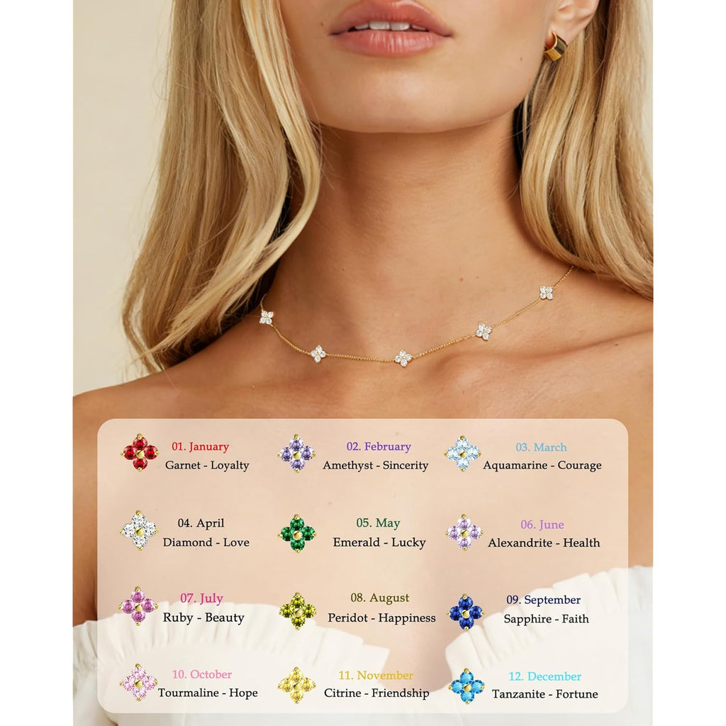 Dainty Clover Birthstone Gold Necklaces for Women Trendy Non Tarnish Layered 14K Gold Plated Station Choker Necklace Cute Flower Friendship Necklace Stack for Wedding Prom Brides Jewelry Gifts