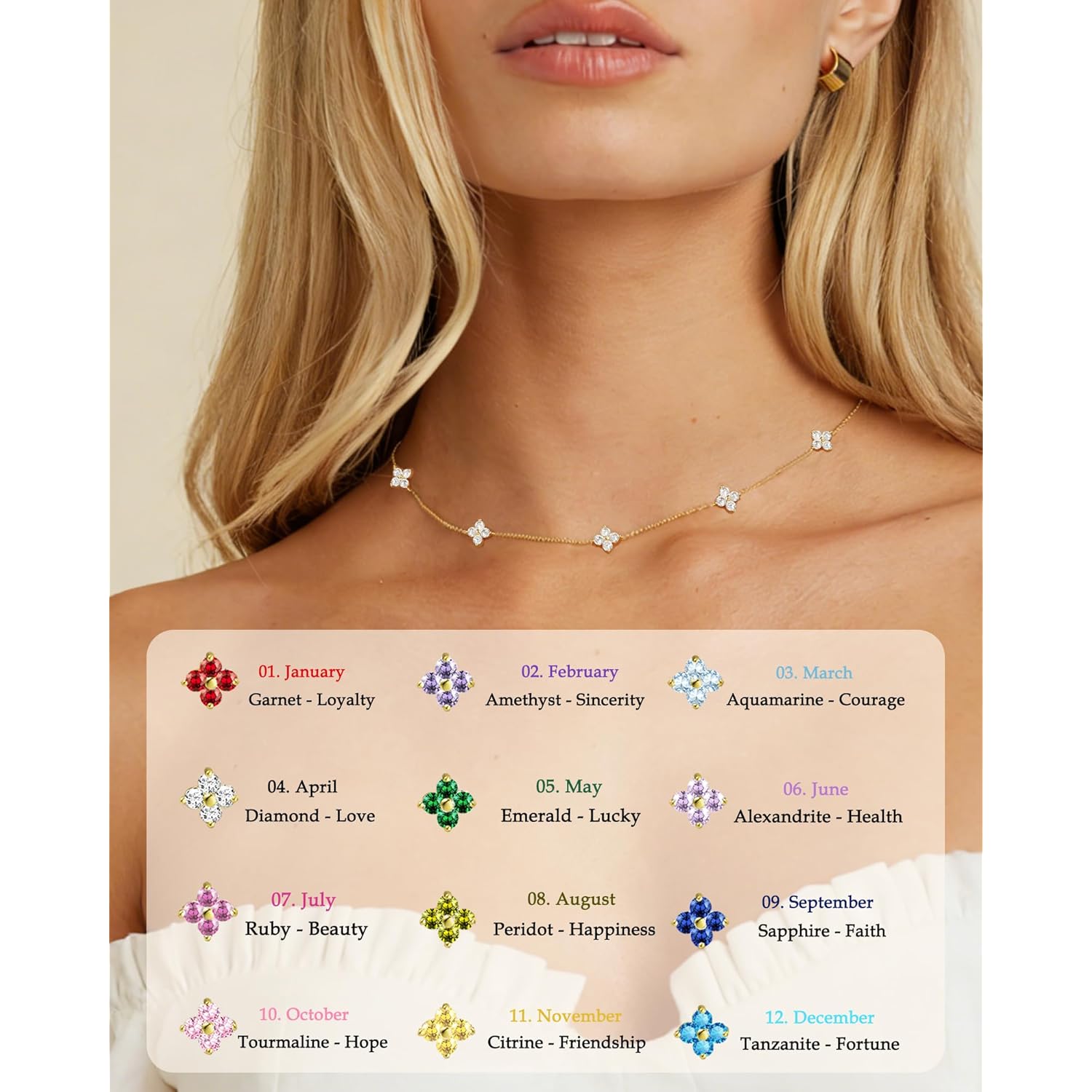 Dainty Clover Birthstone Gold Necklaces for Women Trendy Non Tarnish Layered 14K Gold Plated Station Choker Necklace Cute Flower Friendship Necklace Stack for Wedding Prom Brides Jewelry Gifts