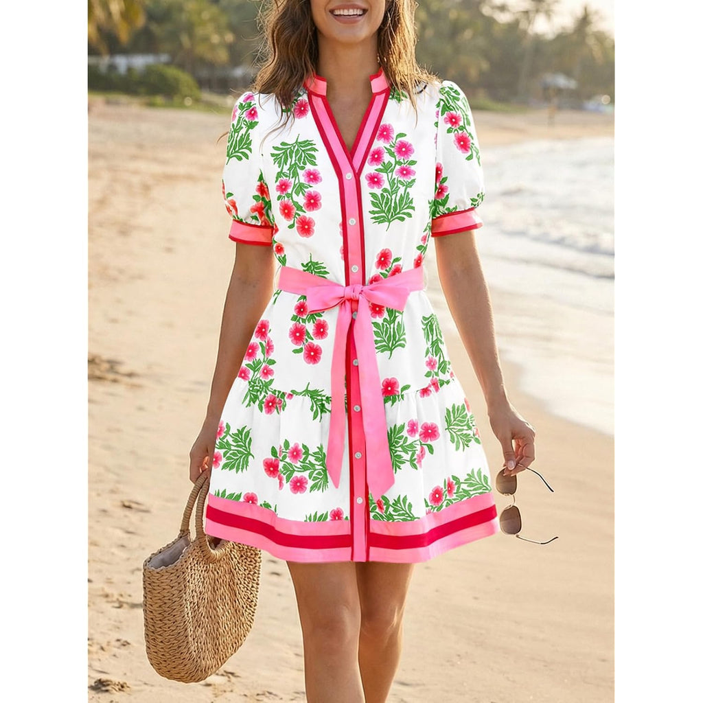 Wenrine Womens Summer Floral Mini Dress Puff Short Sleeve V Neck Button Down Casual Loose Boho Beach Dresses With Belt