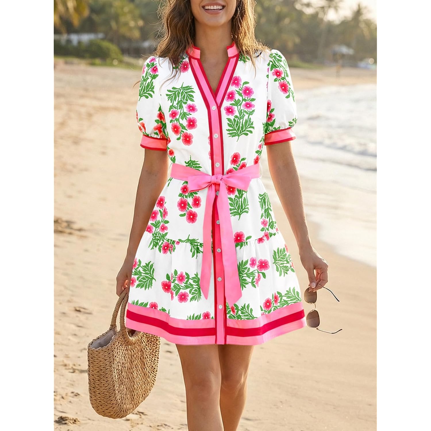 Wenrine Womens Summer Floral Mini Dress Puff Short Sleeve V Neck Button Down Casual Loose Boho Beach Dresses With Belt
