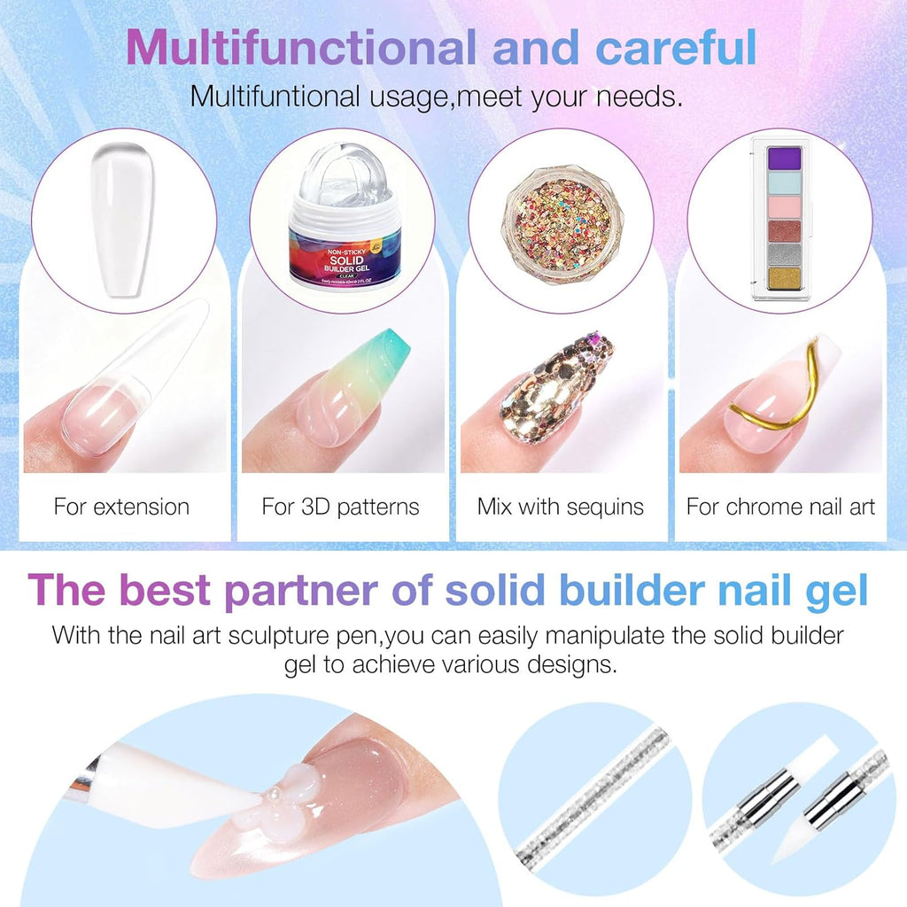 All-in-One Solid Builder Nail Gel Kit: 60g Hard Gel with 3D Mold, 6-Color Powders & Nail Art Tools (Nail File, Cuticle Pusher, Pen), Non-Sticky for Nail Extension, DIY Salon, UV/LED Cured