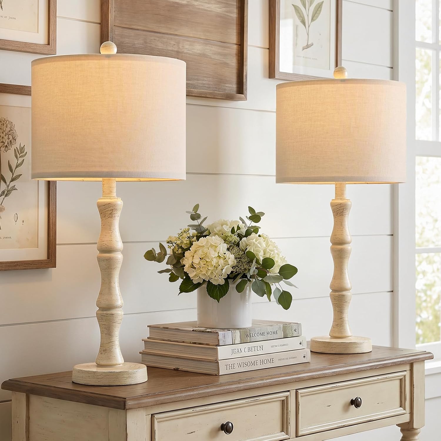 Bobomomo 25" Farmhouse Bedside Lamps Set Of 2, Vintage Nightstand Lamps With Antique White Resin Base & Linen Shade, Standard Table Lamps For Bedroom, Living Room, End Table & House Décor