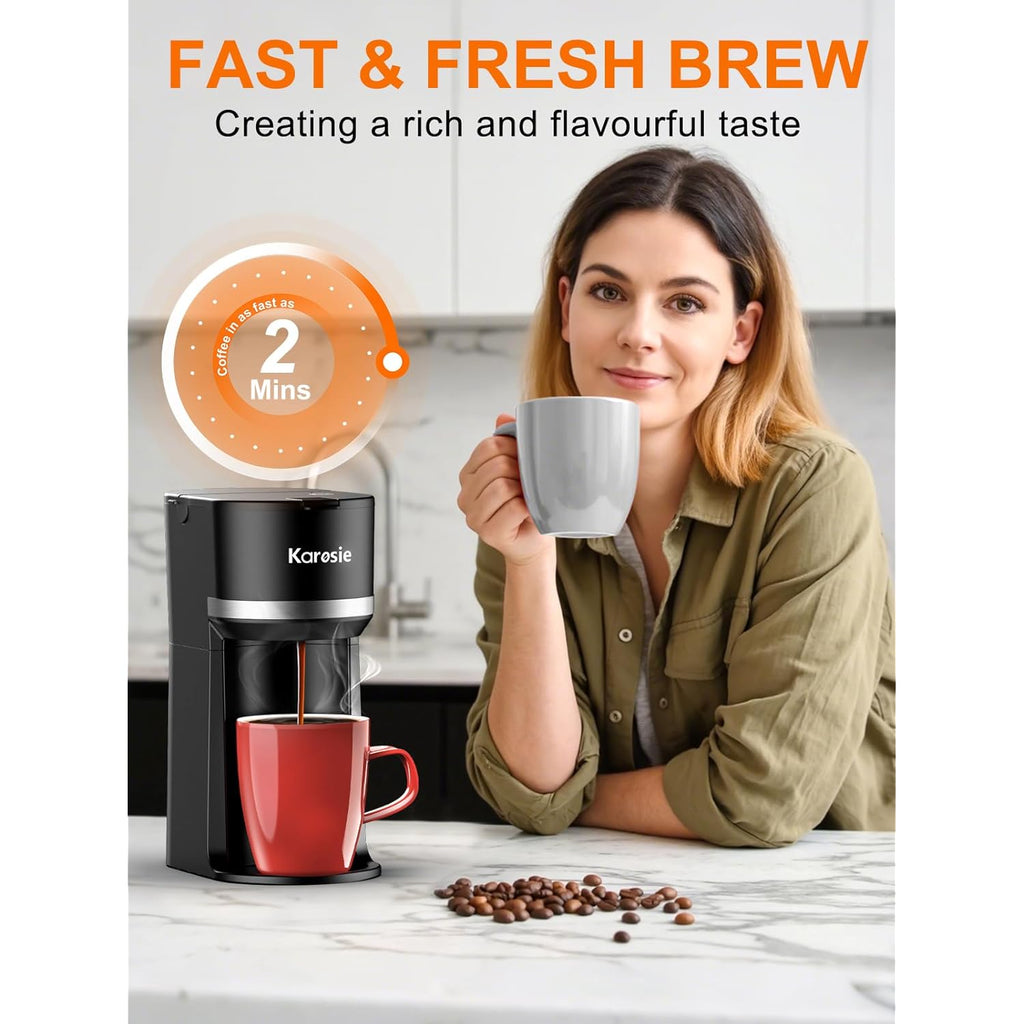 Single Serve Coffee Maker for K-Cup and Grounds, Fast Brew, 6-12 oz Brew Sizes Single Cup Coffee Maker Fits 5.5" Mugs, One-Button Small Coffee Maker, Descaling Reminder,Black,9.45 Inches