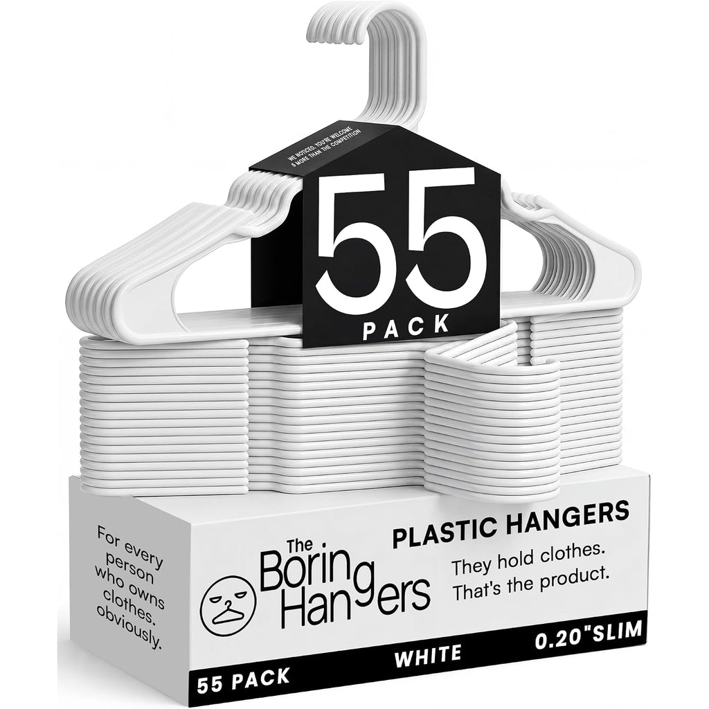 White Plastic Hangers 55 Pack - 10 Lb Heavy Duty Plastic Clothes Hangers For Closet - 0.20" Thin, Slim & Space Saving White Coat Hangers For Shirts, Dresses, Jackets, Pants
