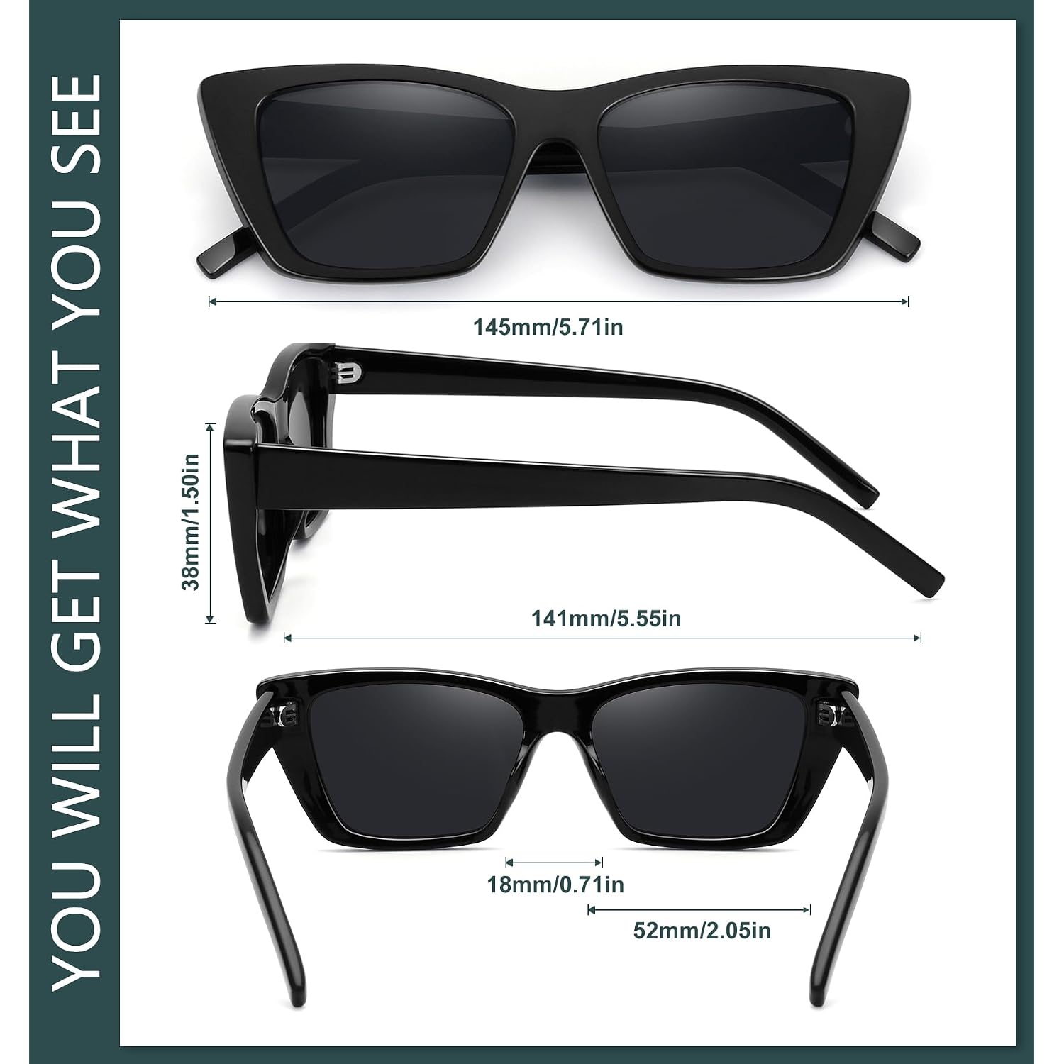 WOWSUN Narrow Small Vintage Polarized Cat Eye Sunglasses for Women Black