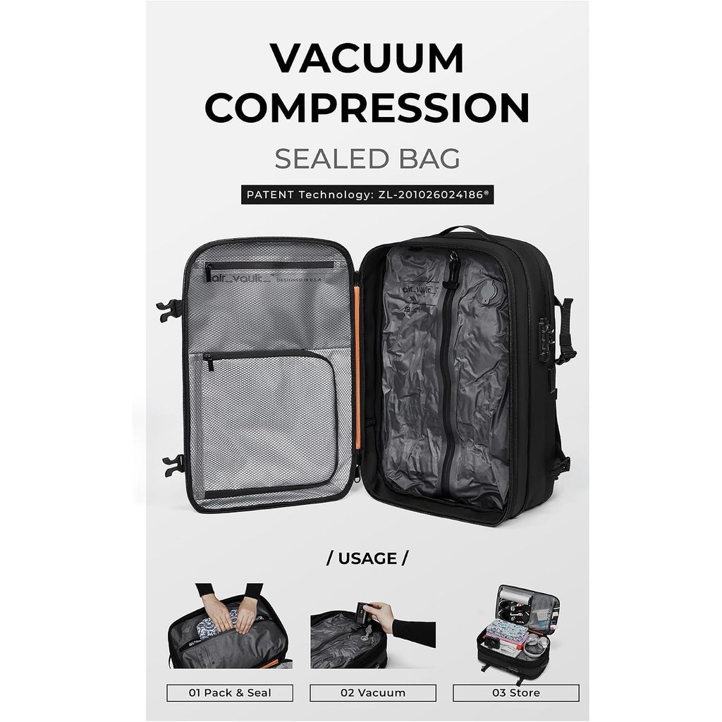 Airvault Vacuum Seal Travel Backpack 60L With Expandable Hyperseal Air Compression Vacuum System Water Resistant Tsa Lock (Vacuum Pump Included, Black, 60L)