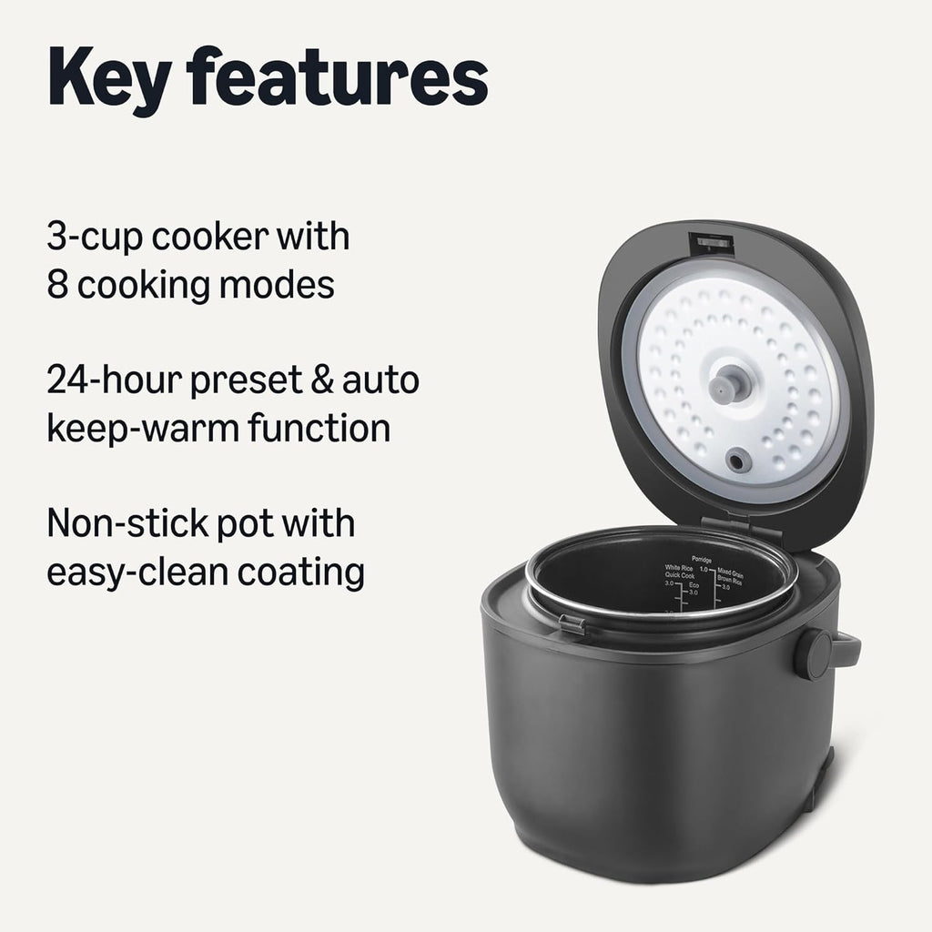 Amazon Basics Rice Cooker Small 3-cup Uncooked 6-cup Cooked, Micon with Fuzzy Logic,Keep Warm, Black