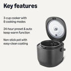 Amazon Basics Rice Cooker Small 3-cup Uncooked 6-cup Cooked, Micon with Fuzzy Logic,Keep Warm, Black