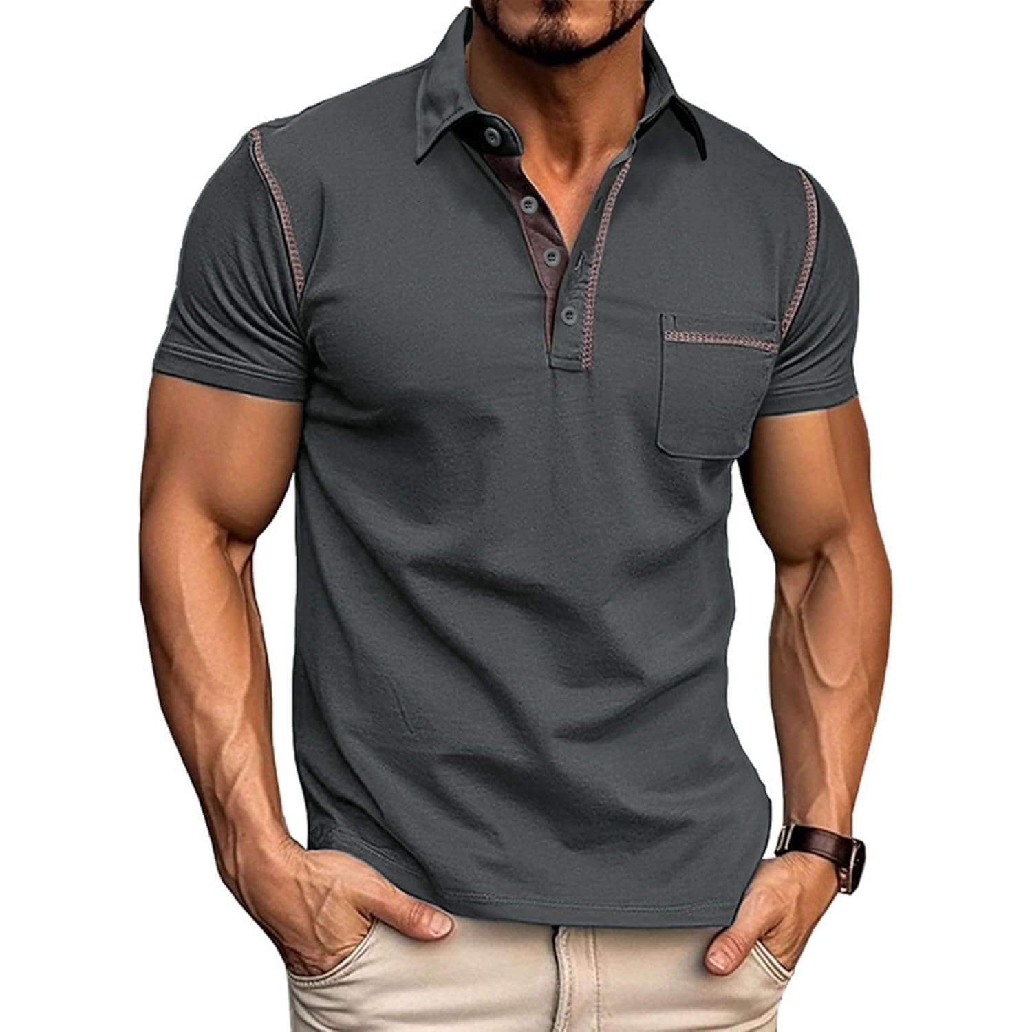 Men'S Fashion Polo Shirts Classic Short Sleeve Lightweight Button Cotton T-Shirt Casual Golf Tee Tops With Pocket