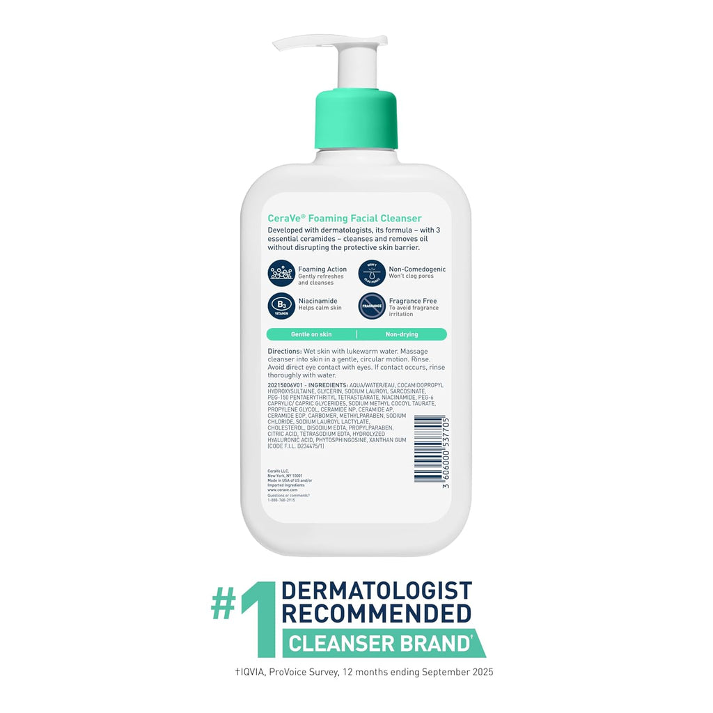 Cerave Foaming Facial Cleanser, Daily Face Wash For Oily Skin, Hyaluronic Acid + Ceramides + Niacinamide, Fragrance Free, Non-Drying Oil Control Face Wash, 16 Fluid Ounces