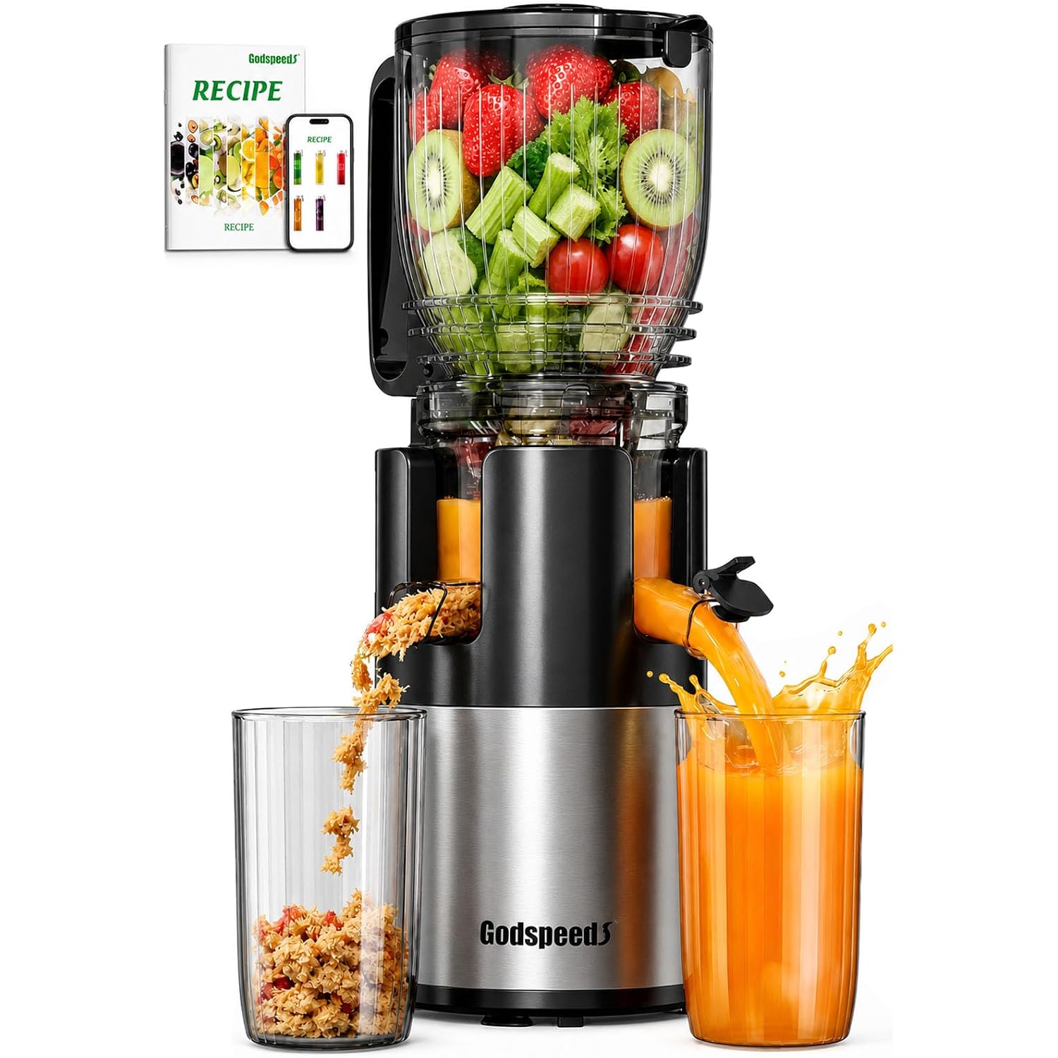 Godspeeds Juicer Machines With 5.8" Large Feed Chute, Slow Masticating Cold Press Juicer For Whole Fruits & Vegetables, Easy To Clean Design, High Juice Yield Home Juicer For Daily Wellness