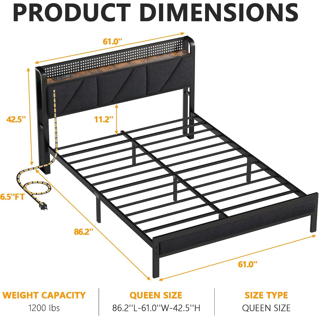 Queen Bed Frame With Headboard And Storage Shelf, Led Light And Charging Station, Metal Platform Bed With Heavy Duty Slats, No Box Spring Needed, Noise Free & Easy Assembly
