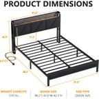 Queen Bed Frame With Headboard And Storage Shelf, Led Light And Charging Station, Metal Platform Bed With Heavy Duty Slats, No Box Spring Needed, Noise Free & Easy Assembly