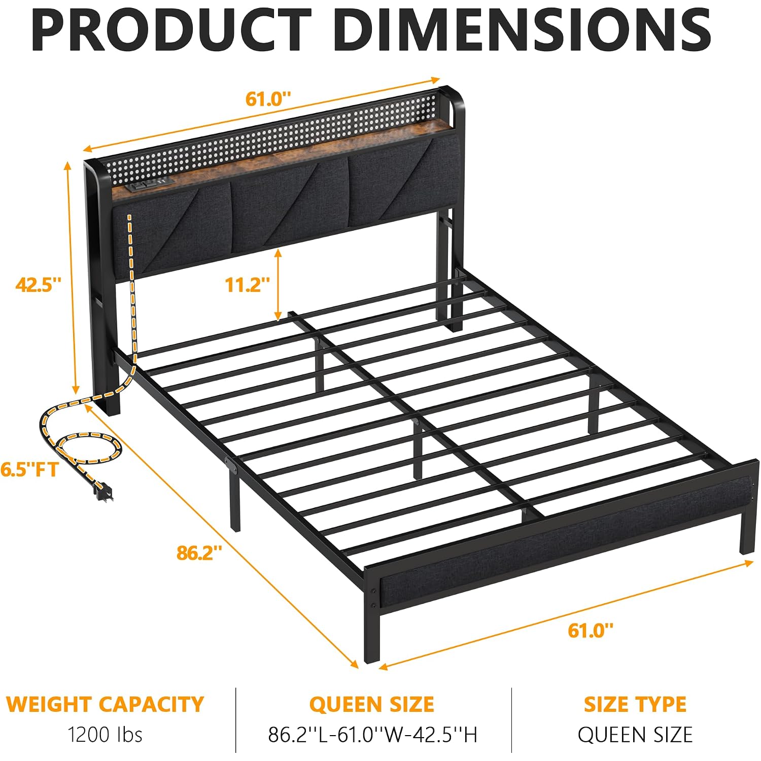 Queen Bed Frame With Headboard And Storage Shelf, Led Light And Charging Station, Metal Platform Bed With Heavy Duty Slats, No Box Spring Needed, Noise Free & Easy Assembly