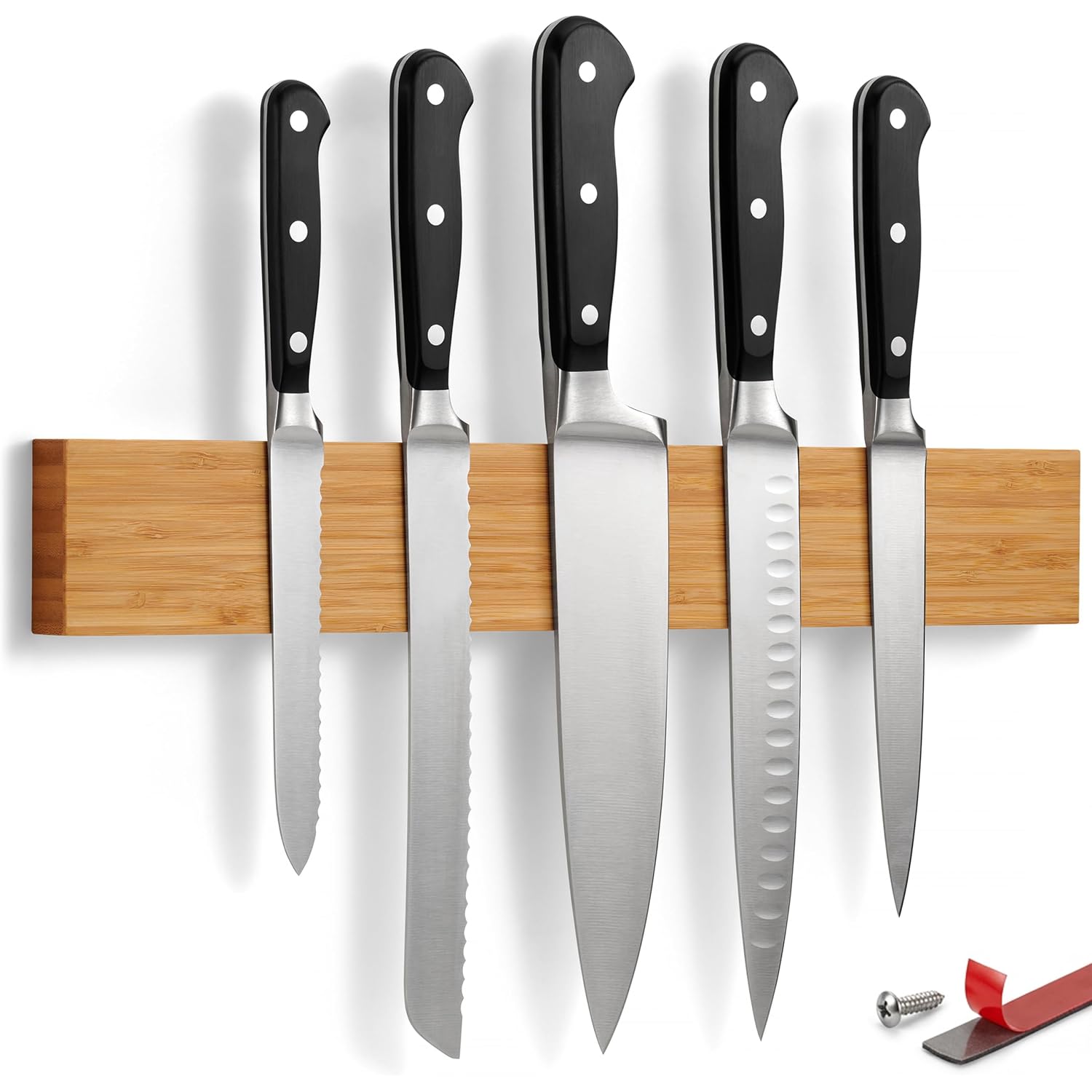 Larhn Magnetic Knife Holder For Wall Or Fridge - No-Drill Bamboo Knife Magnetic Strip, 16″ - Renter Friendly