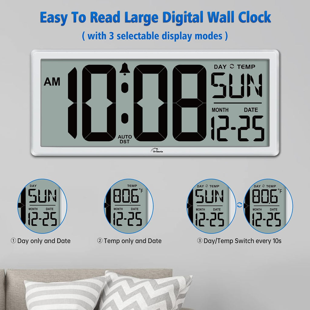 14.5'' Large Digital Wall Clock Battery Operated With Jumbo Numbers, Temperature And Date - Easy To Read And Set, Auto Dst