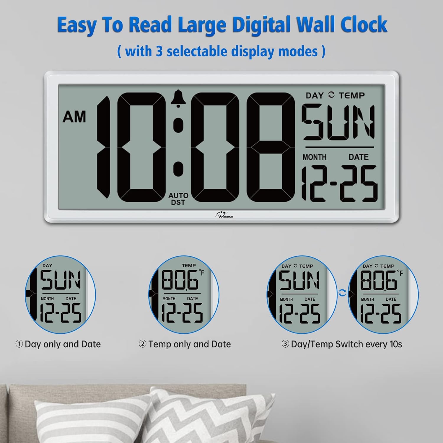 14.5'' Large Digital Wall Clock Battery Operated With Jumbo Numbers, Temperature And Date - Easy To Read And Set, Auto Dst