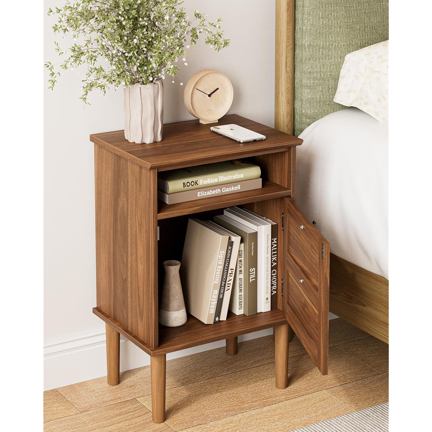 Nightstand, Boho Night Stand With 1 Drawer, Modern Side Accent Table With Open Shelf, Wooden Top Bedside End Table For Bedroom, Living Room, Walnut