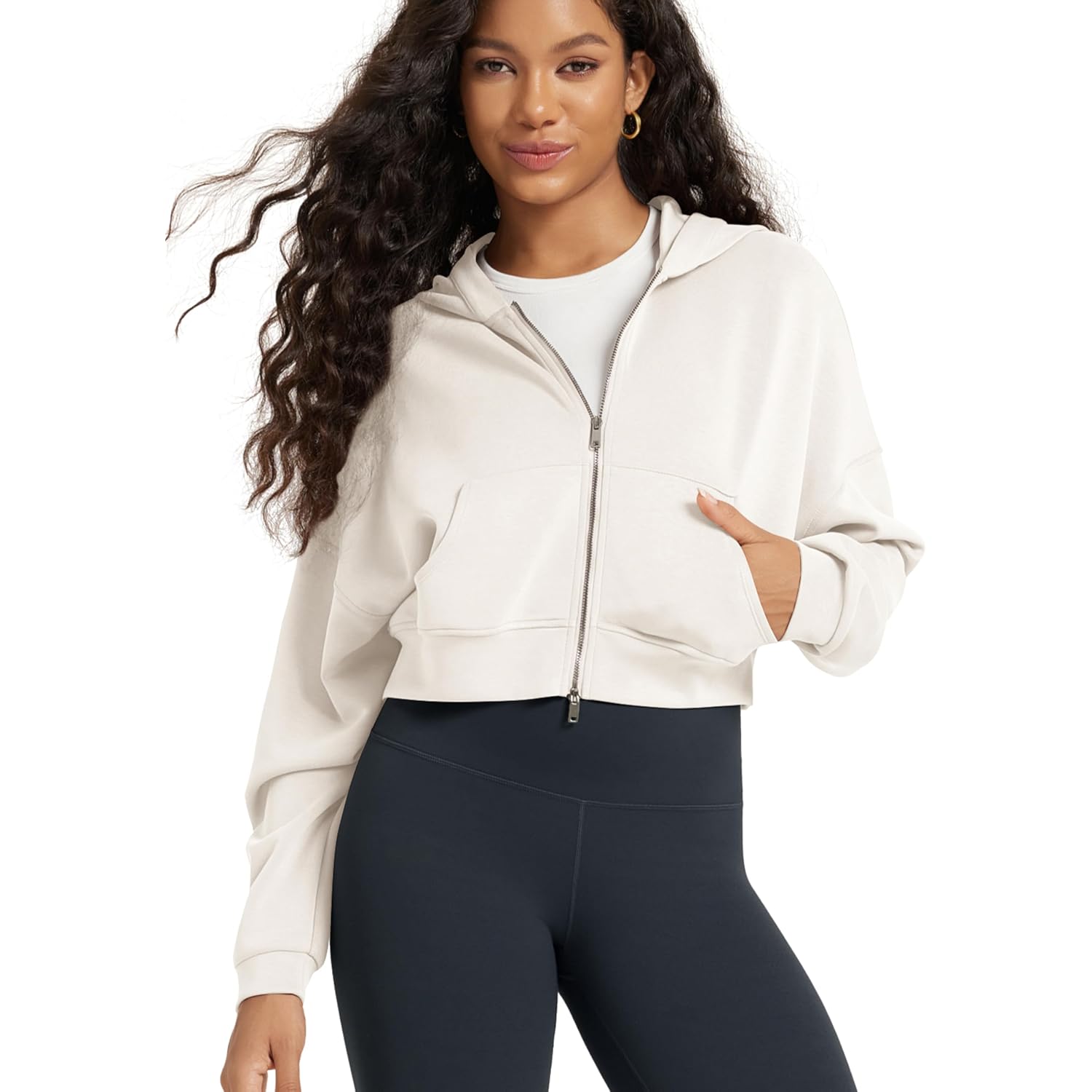 Ododos Women'S Modal Soft Full-Zip Cropped Hoodies With Pockets Long Sleeve Crop Casual Sweatshirts