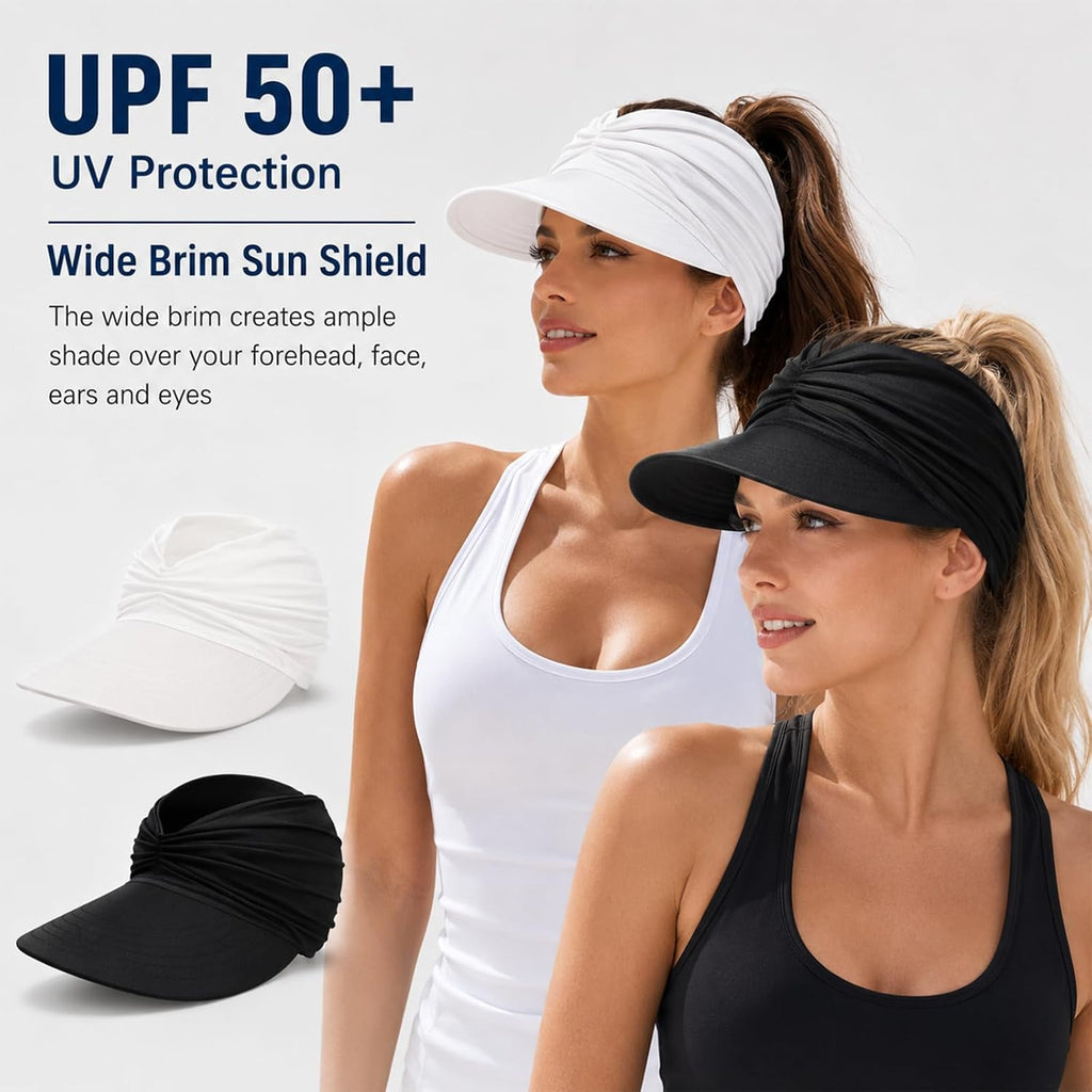 2 Pack Sun Visor Hats For Women, Wide Brim Visor Hat Upf 50+ Uv Protection Lightweight Foldable Elastic Ponytail Cap For Summer Beach, Golf, Sports (Black + White)