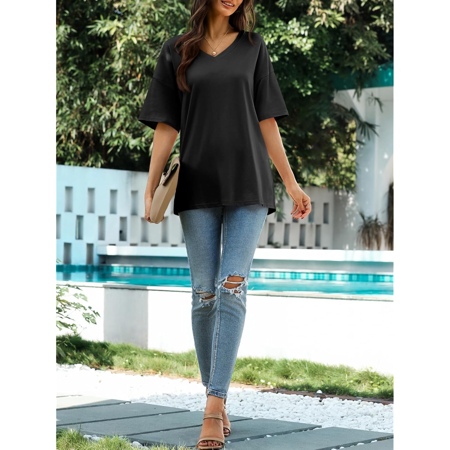 Womens Oversized Tshirts V Neck Tee Shirts Half Sleeve Loose Fit T Shirt Cotton Tunic Tops 2025