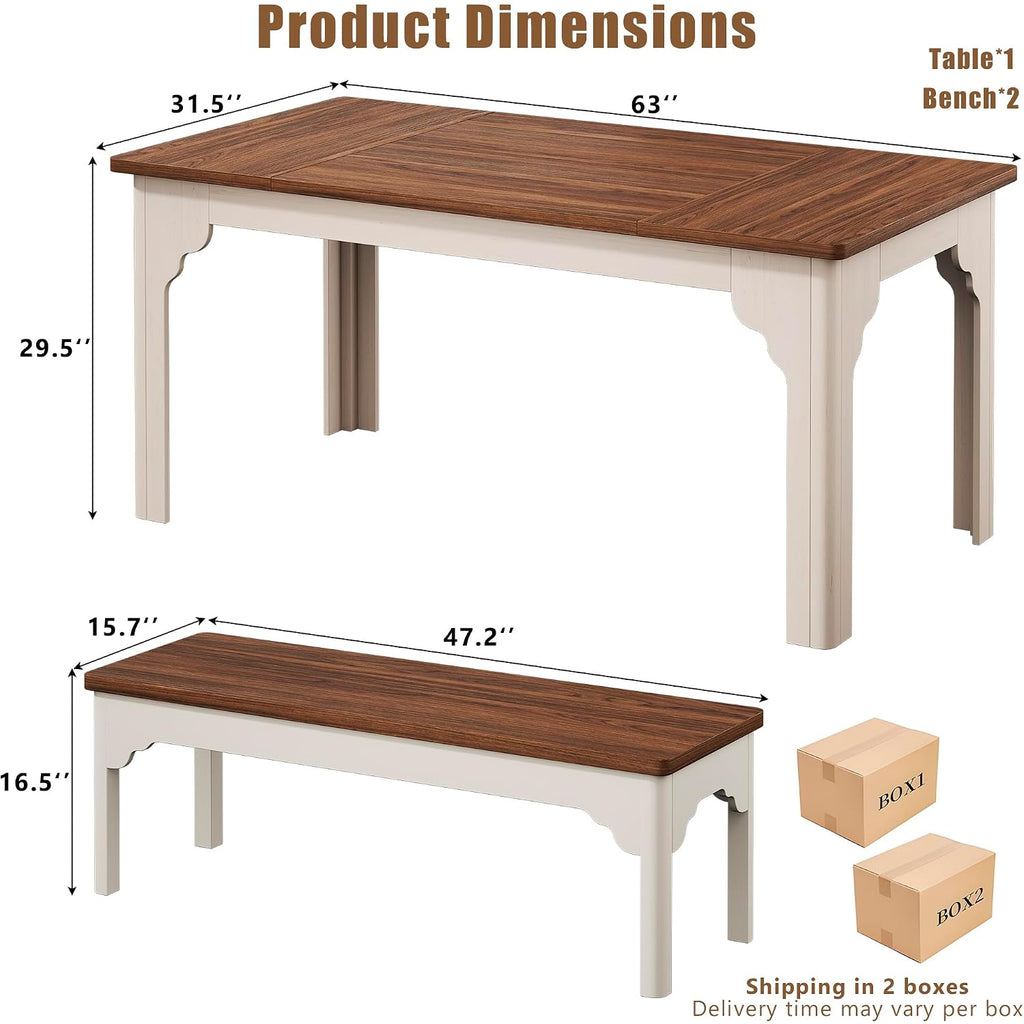 63" Farmhouse Dining Table Set For 4-6, Kitchen Table With 2 Benches, Space Saving 3-Piece Rectangle Wooden Dinette Table Set For Dining Room, Breakfast Nook, Small Space, Brown & White