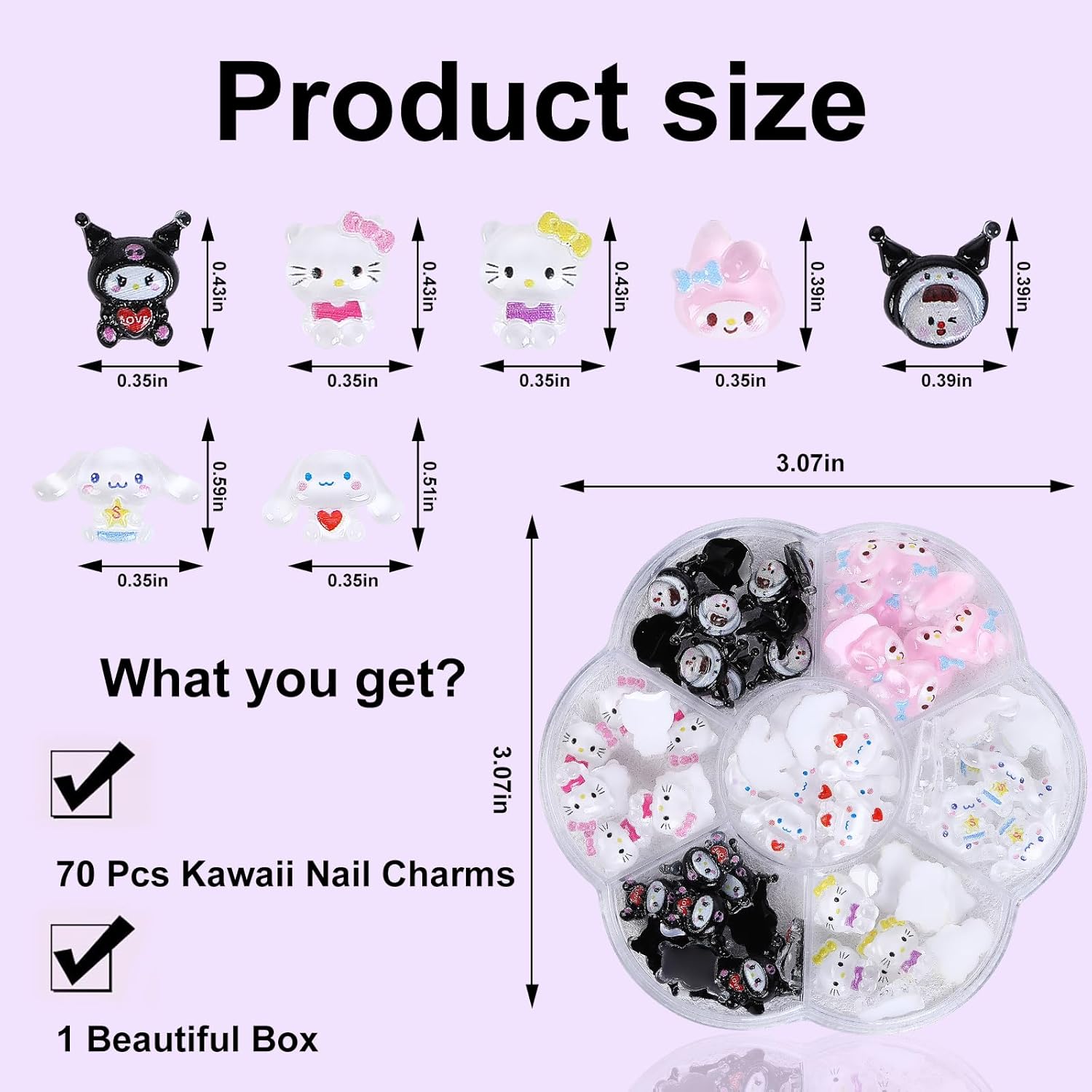 70Pcs Kawaii Nail Charms, 3D Cute Cartoon Nail Art Decorations, Resin Flatback Charms for Acrylic Nails DIY Crafts, 7 Styles with Storage Box