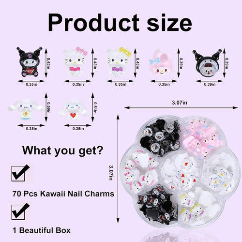 70Pcs Kawaii Nail Charms, 3D Cute Cartoon Nail Art Decorations, Resin Flatback Charms for Acrylic Nails DIY Crafts, 7 Styles with Storage Box