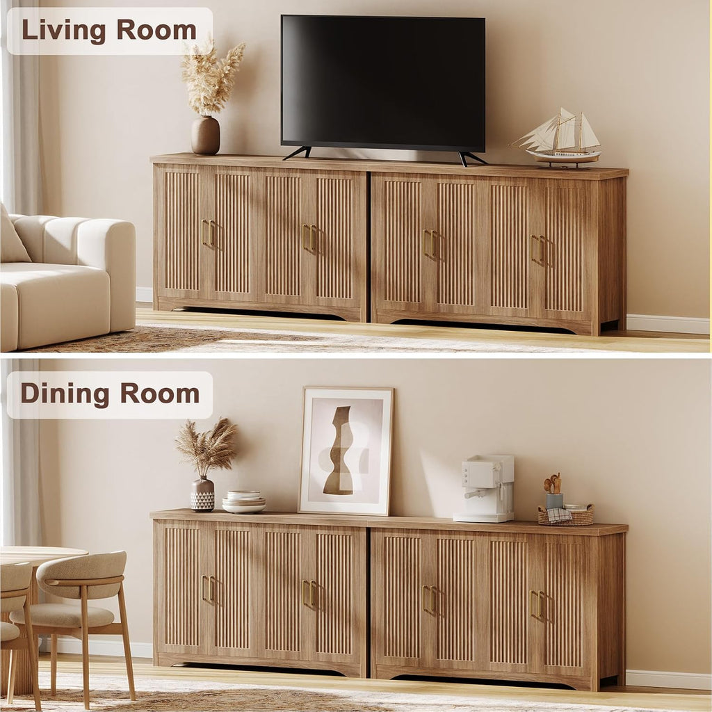 55" Fluted Sideboard Buffet Cabinet With Storage,Natural Oak | Modern Credenza With 4 Doors & Adjustable Shelves,Coffee Bar Table Console For Dining Room Kitchen Living Room Entryway