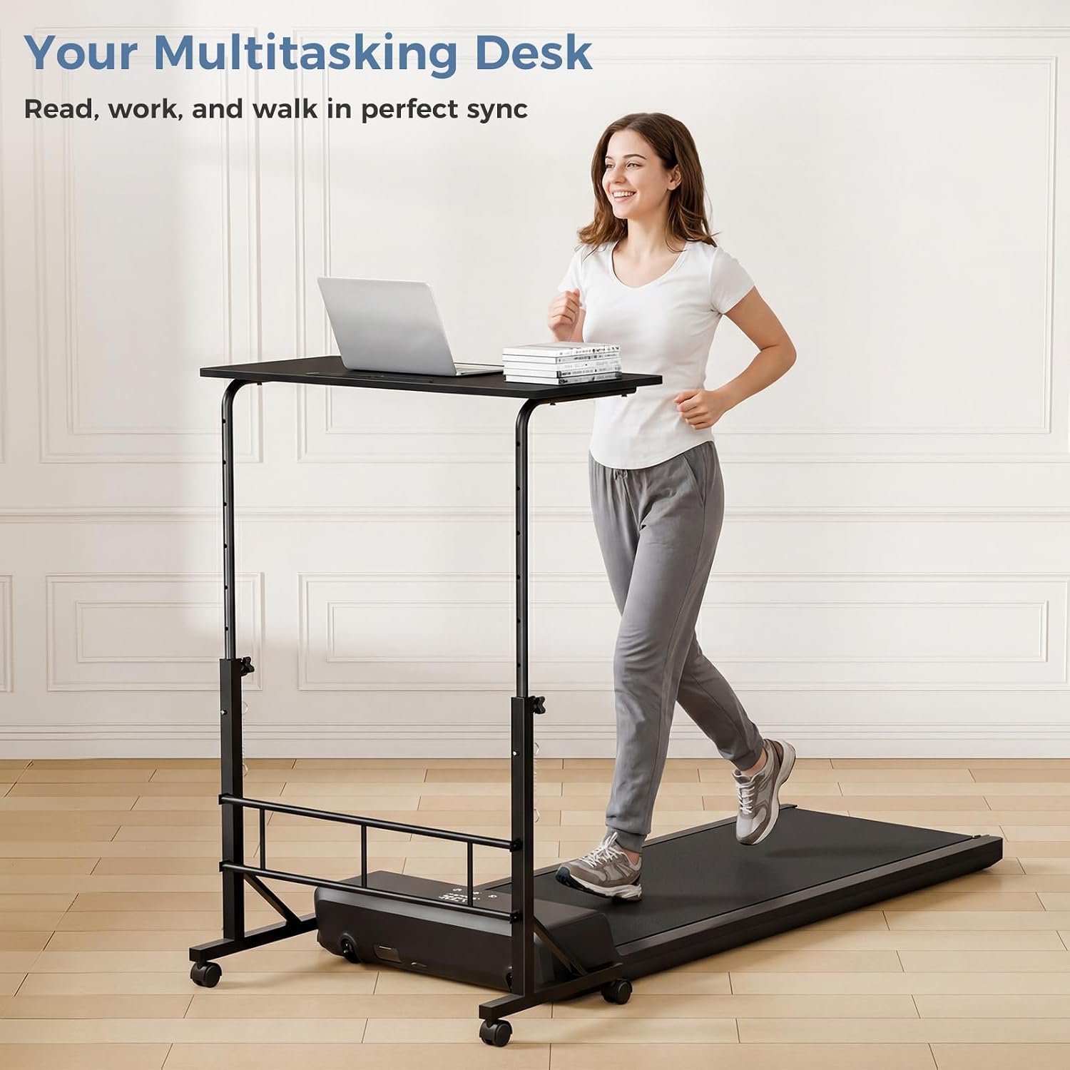 Dumos 31.5" Walking Pad Desk, Laptop Desk, Home Office | Lockable Wheels, Adjustable Height, Portable Rolling Design, Treadmill Use, Stand Up Style, Black