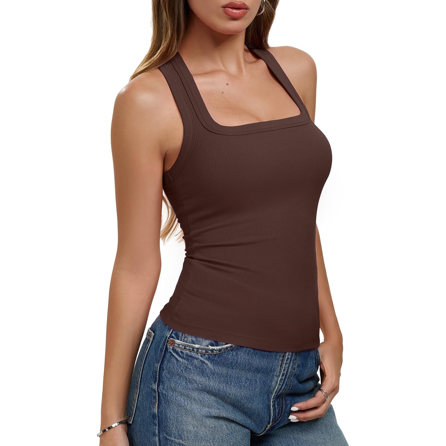 Reoria Built In Bra Tank Tops For Women Summer Sleeveless Racerback Square Neck Casual Basic Ribbed Tops 2026