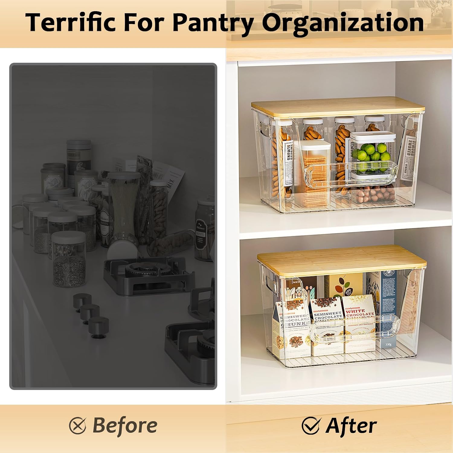 Delamu 2 Set Pantry Organizers And Storage, Trash Bag Holder Under Sink Organizer For 4-13 Gal Bags, Trash Bag Dispenser With Bamboo Top For Onion, Potato, Garlic, Clear (11-7/32"L*7" W*7-1/8"H)