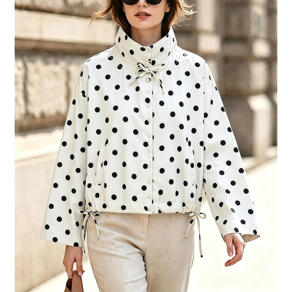 Colorful World Womens Polka Dot Jacket Drawstring Hem Button Front Cropped Lightweight Jacket Relaxed Fit Coat With Pockets